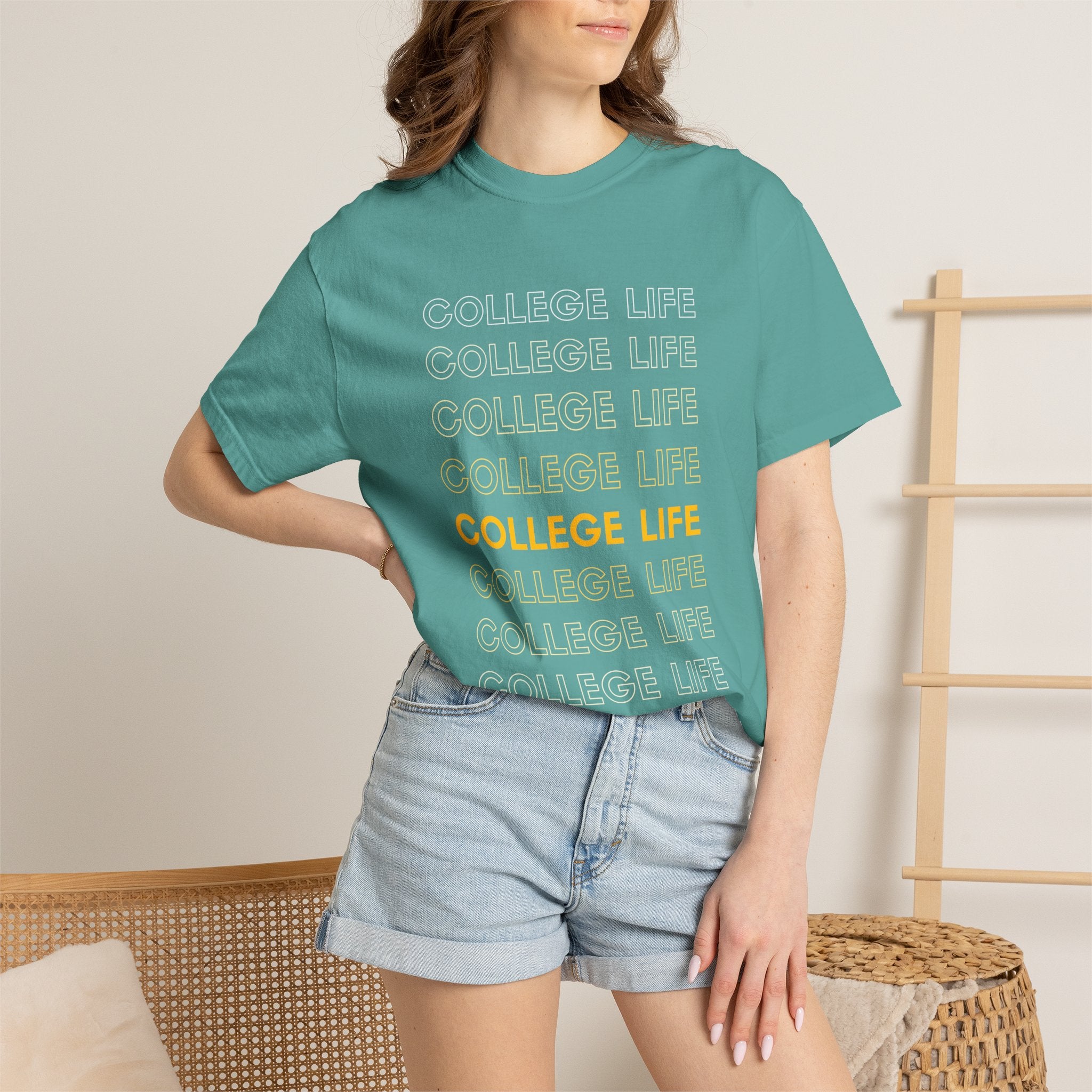 College Life Tee — Retro Repeated Text Graphic T-Shirt
