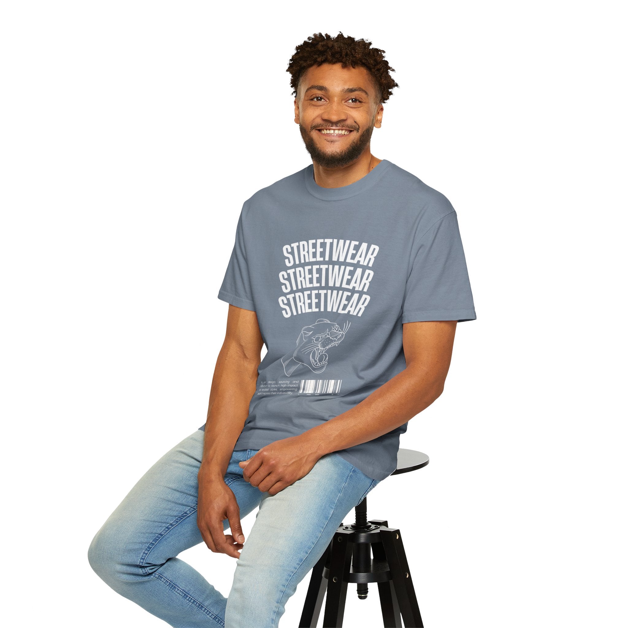 Streetwear Panther T‑Shirt — Graphic Garment-Dyed Tee with 'STREETWEAR' Text & Barcode
