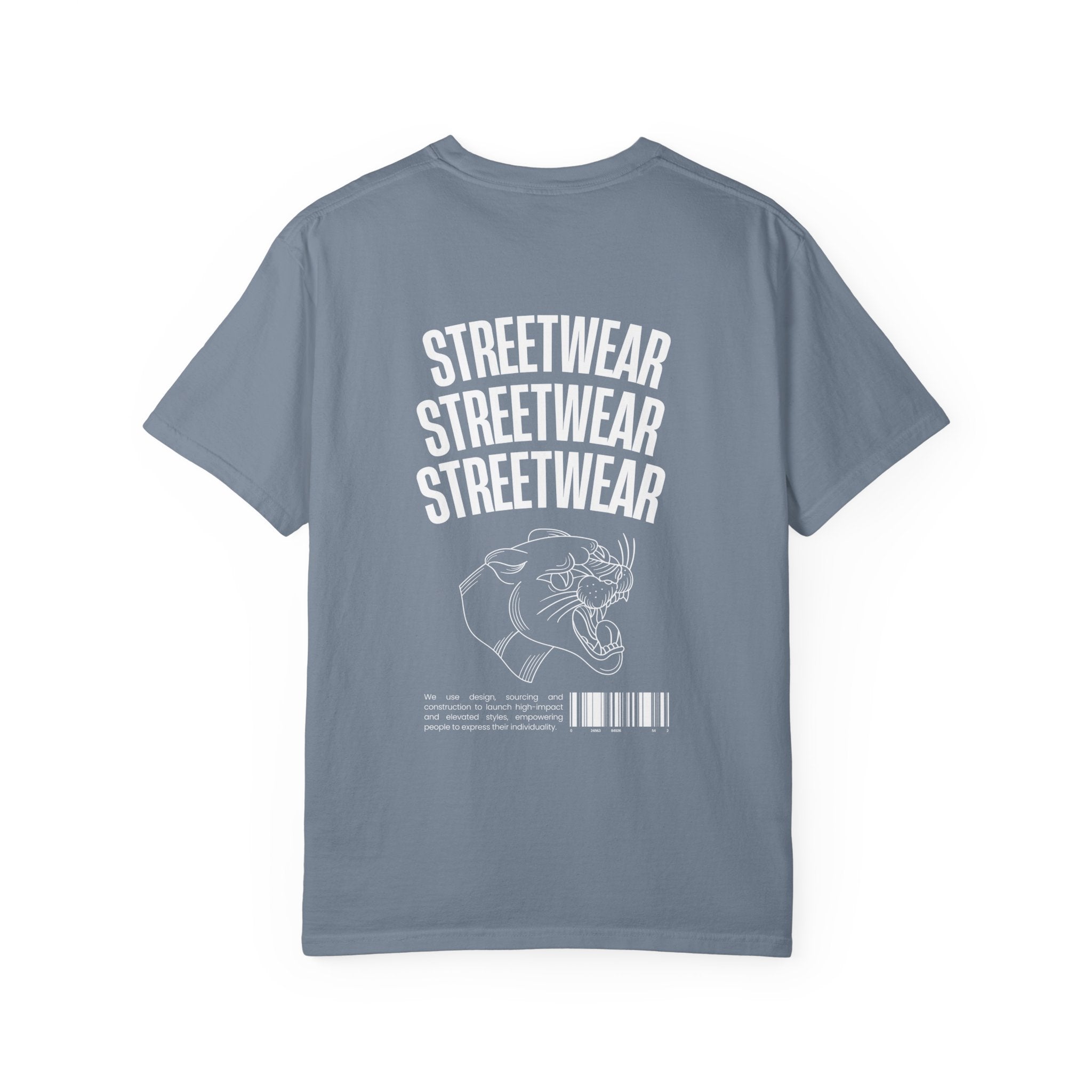 Streetwear Panther T‑Shirt — Graphic Garment-Dyed Tee with 'STREETWEAR' Text & Barcode