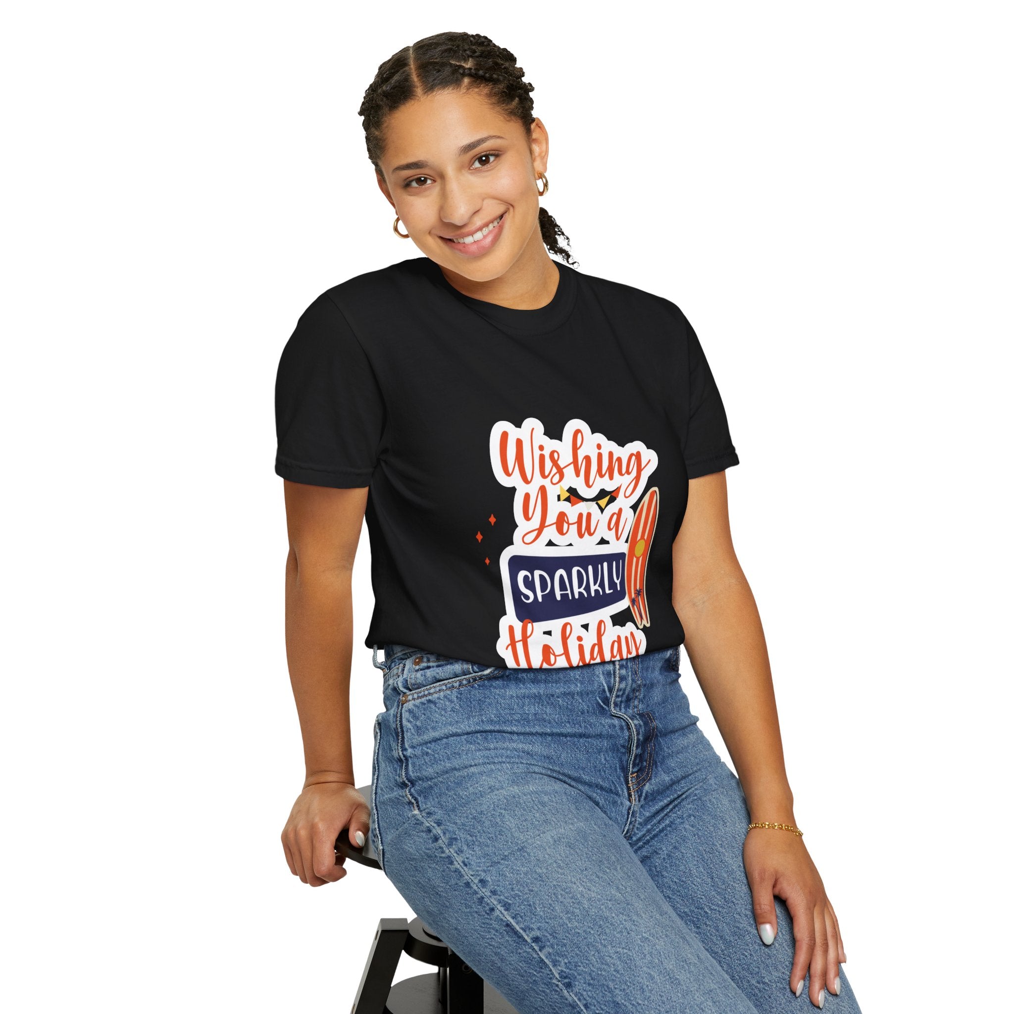 Holiday Surfboard T‑Shirt — "Wishing You a Sparkly Holiday" Beachy Christmas Tee