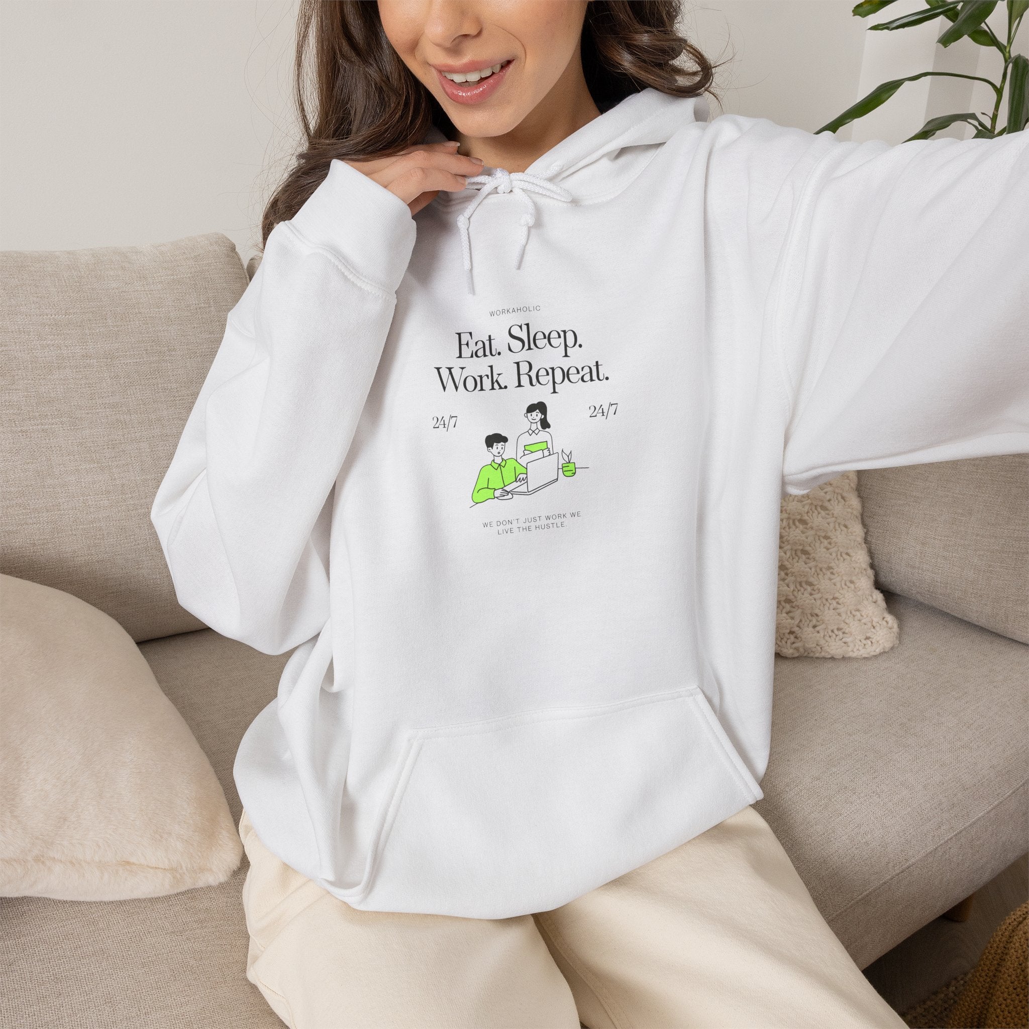 Work From Home Hoodie — "Eat. Sleep. Work. Repeat." Graphic Hooded Sweatshirt