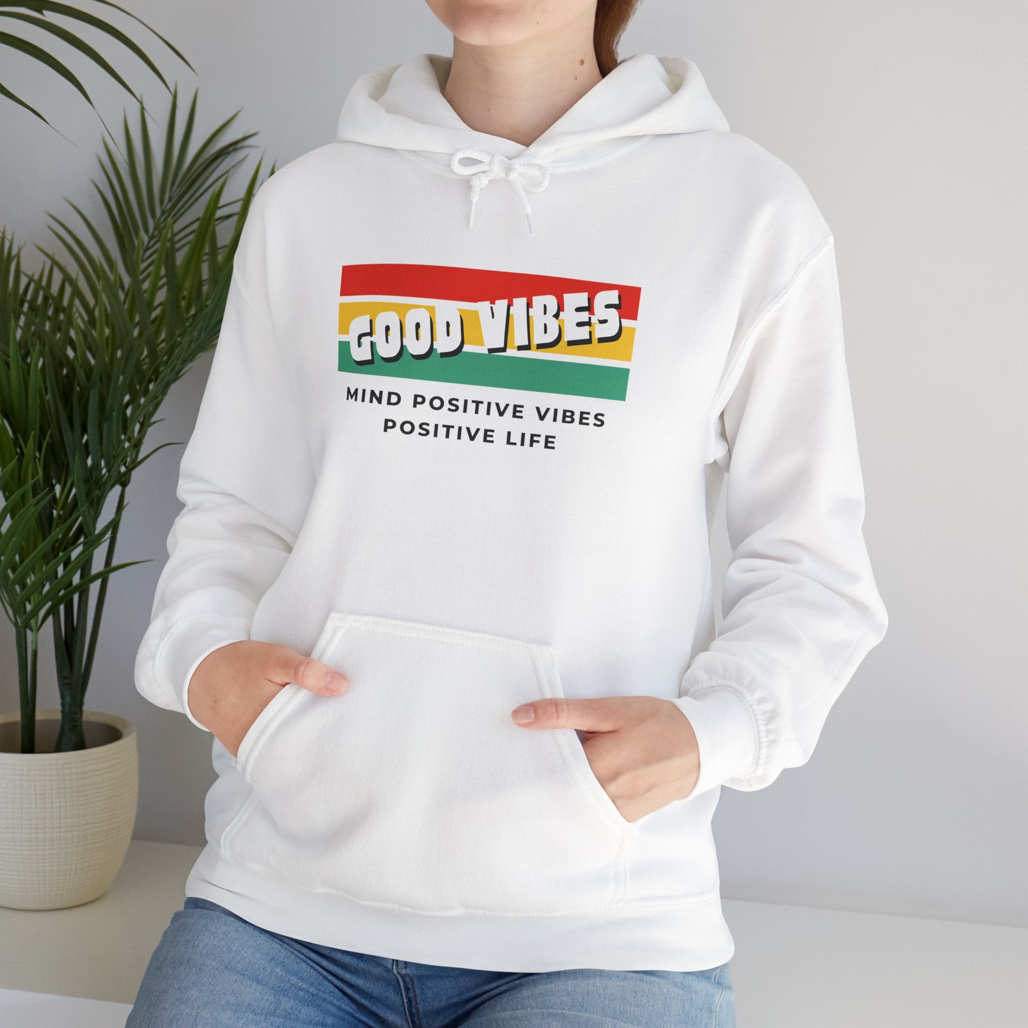 Good Vibes Hoodie — Retro Striped “MIND POSITIVE VIBES • POSITIVE LIFE” Graphic Hoodie