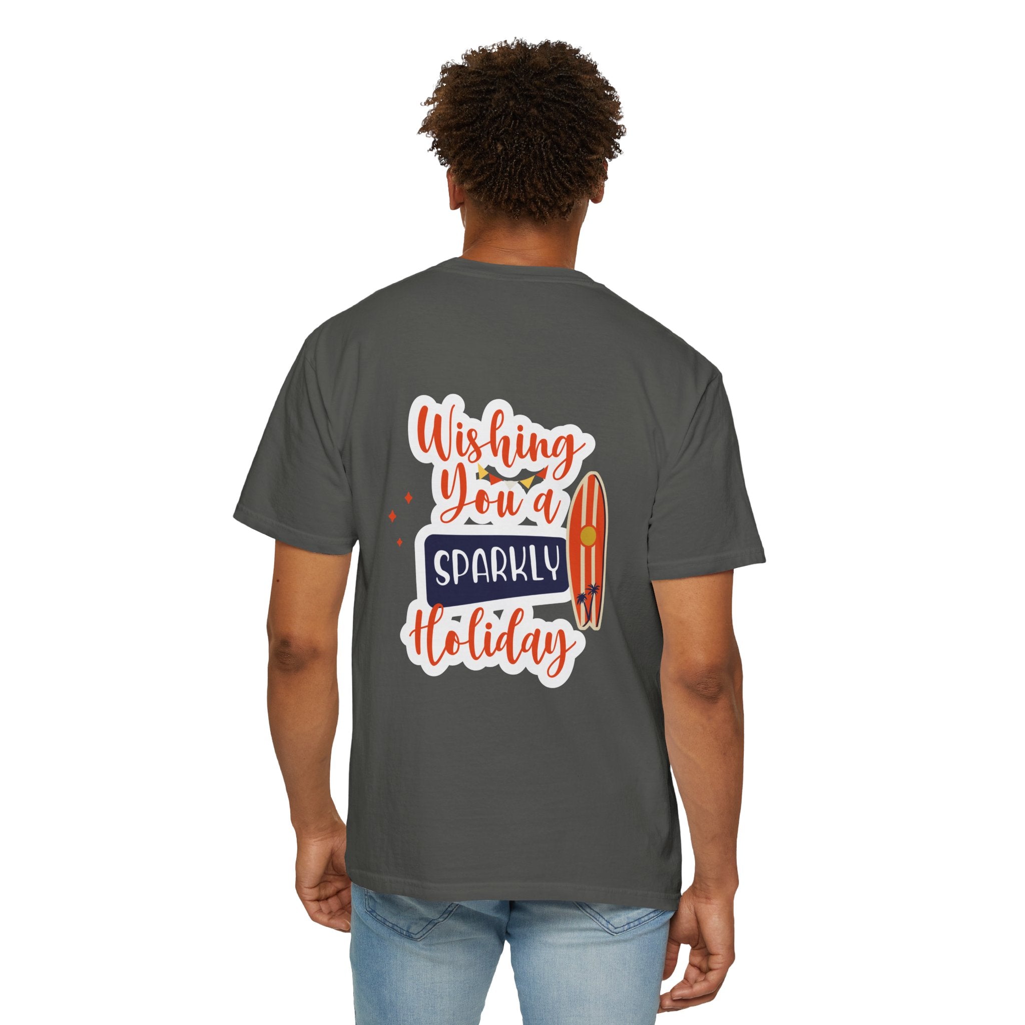 Holiday Surfboard T‑Shirt — "Wishing You a Sparkly Holiday" Beachy Christmas Tee