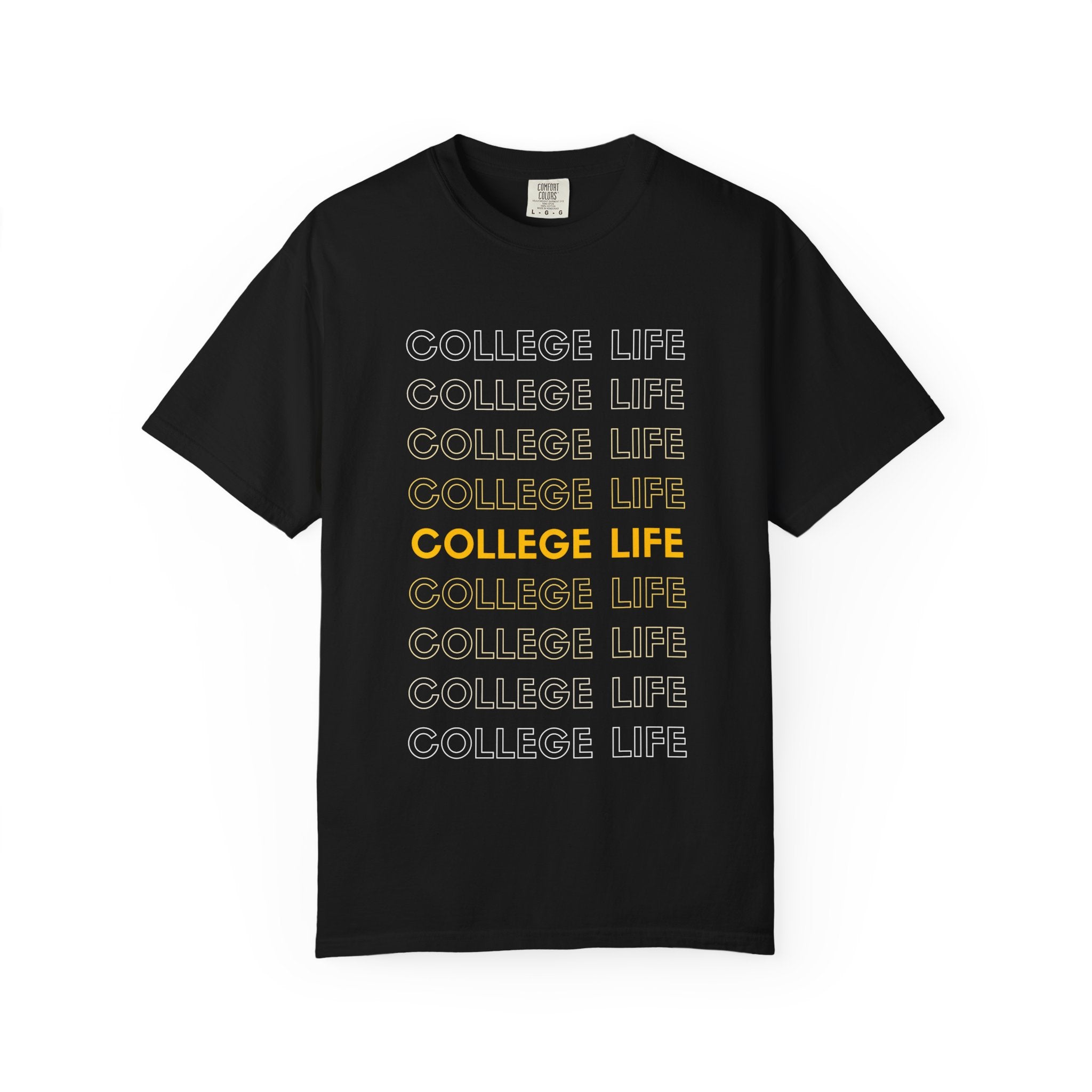 College Life Tee — Retro Repeated Text Graphic T-Shirt
