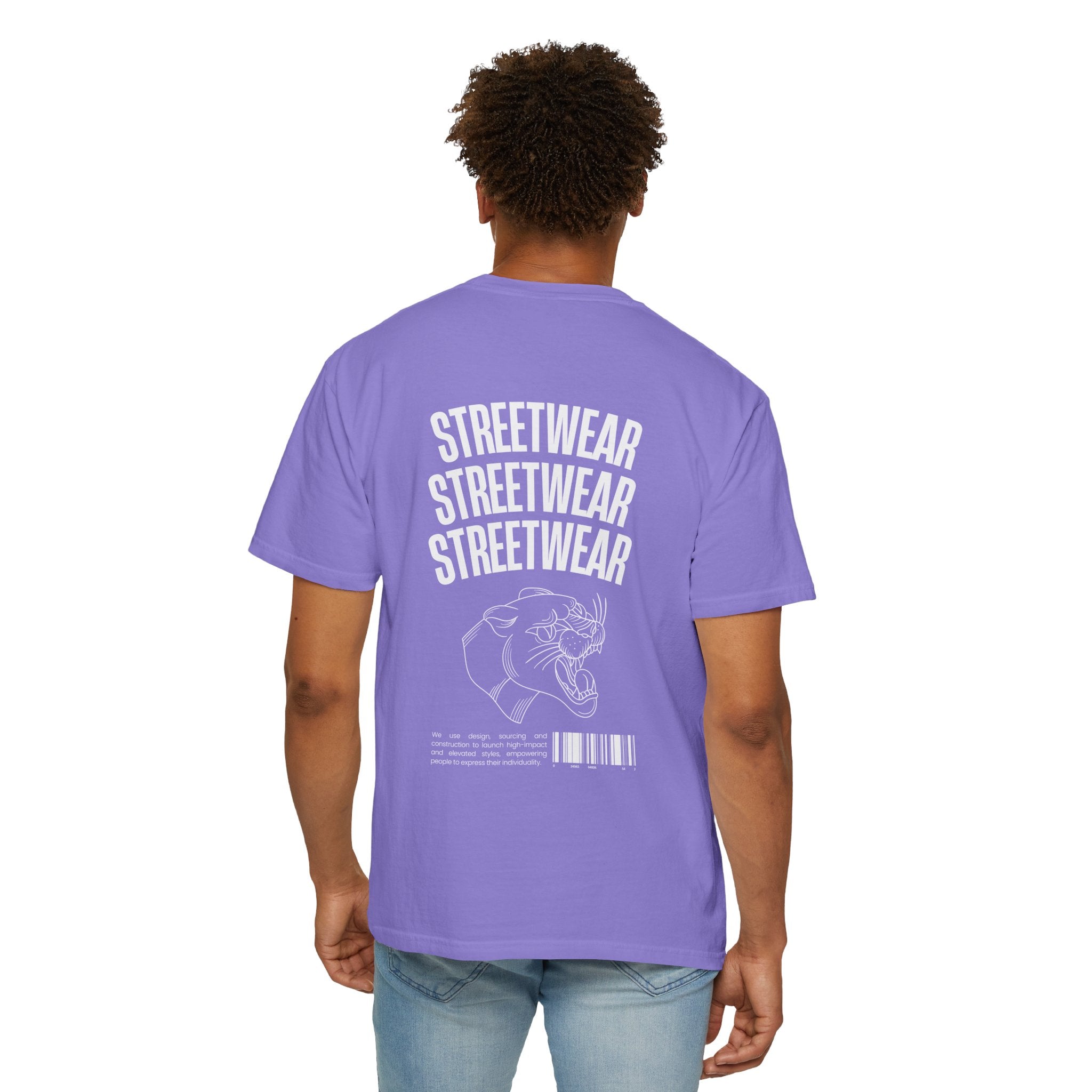 Streetwear Panther T‑Shirt — Graphic Garment-Dyed Tee with 'STREETWEAR' Text & Barcode
