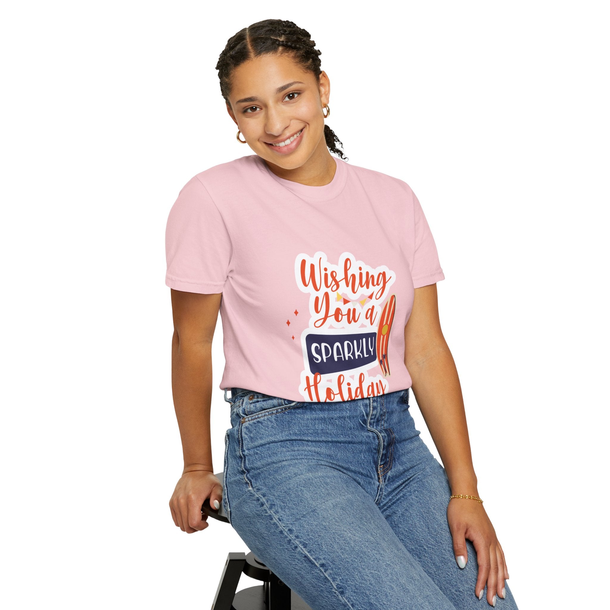 Holiday Surfboard T‑Shirt — "Wishing You a Sparkly Holiday" Beachy Christmas Tee