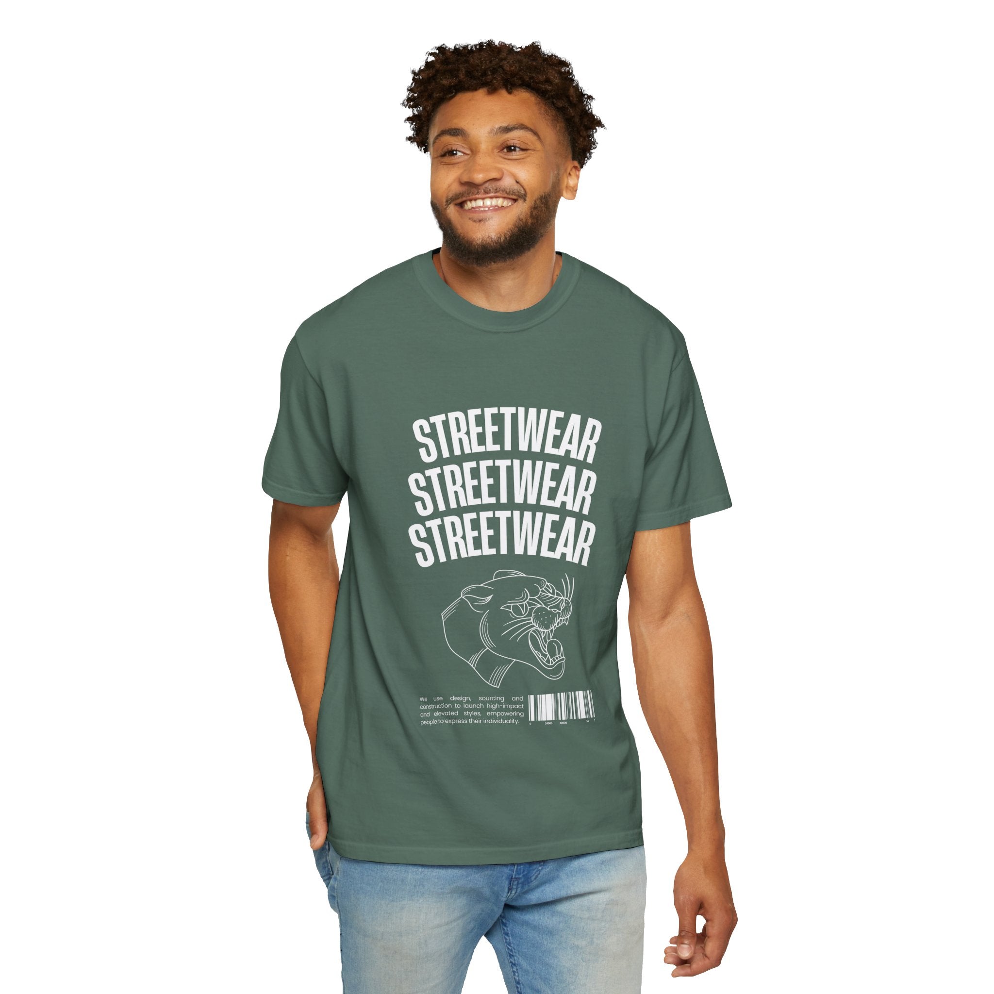 Streetwear Panther T‑Shirt — Graphic Garment-Dyed Tee with 'STREETWEAR' Text & Barcode