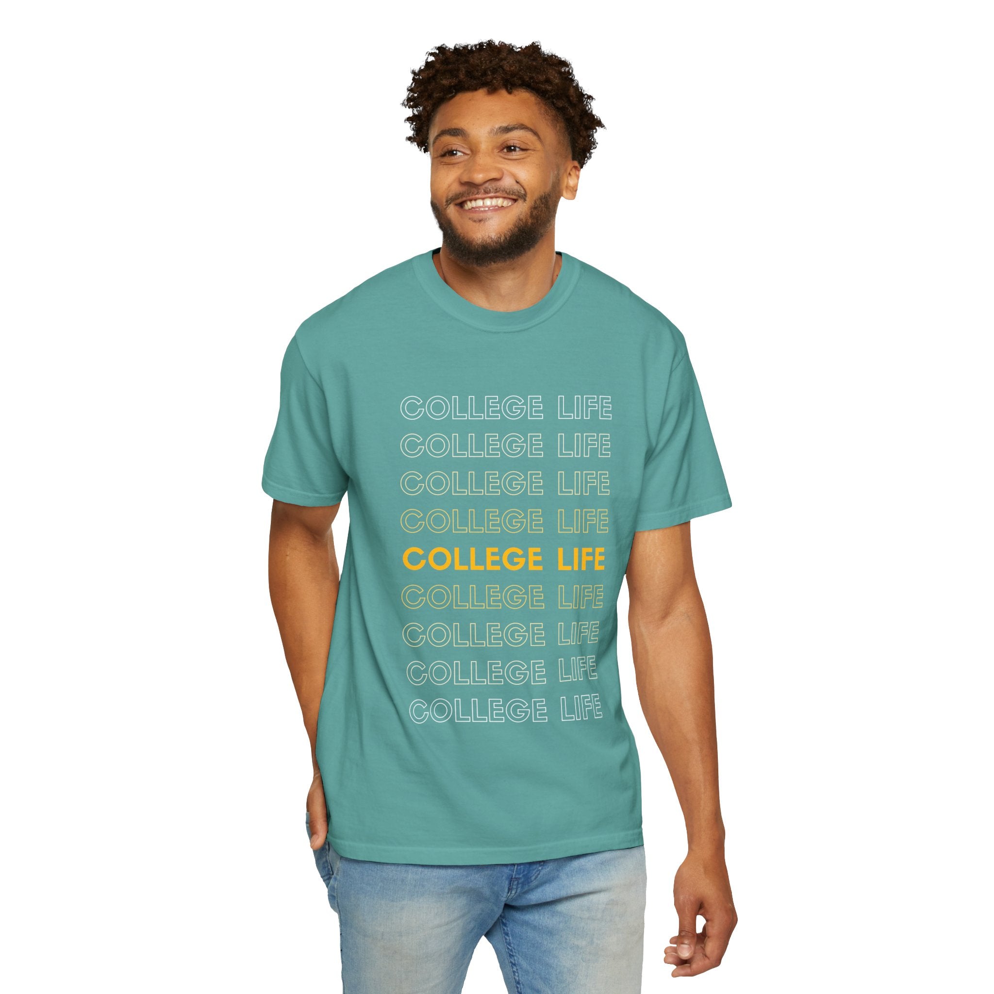 College Life Tee — Retro Repeated Text Graphic T-Shirt