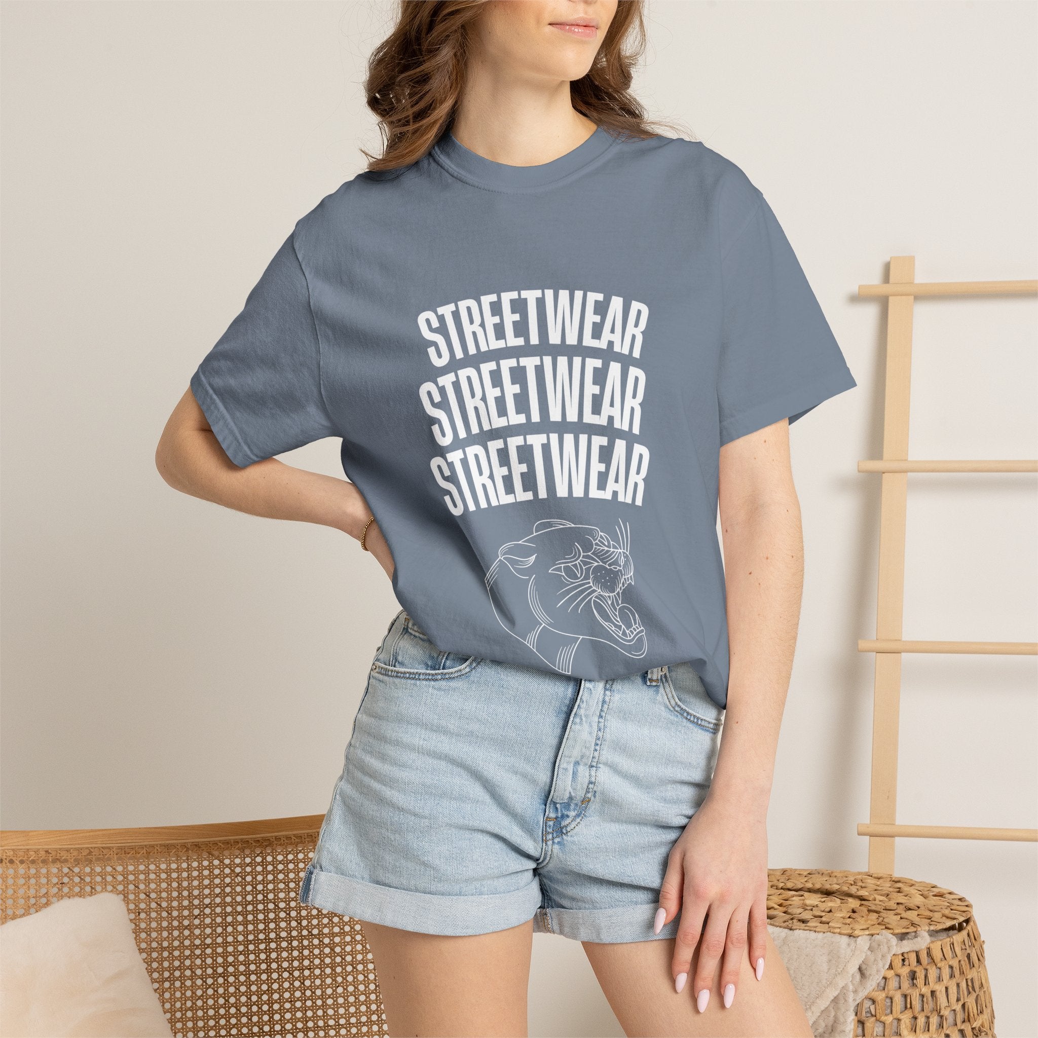 Streetwear Panther T‑Shirt — Graphic Garment-Dyed Tee with 'STREETWEAR' Text & Barcode