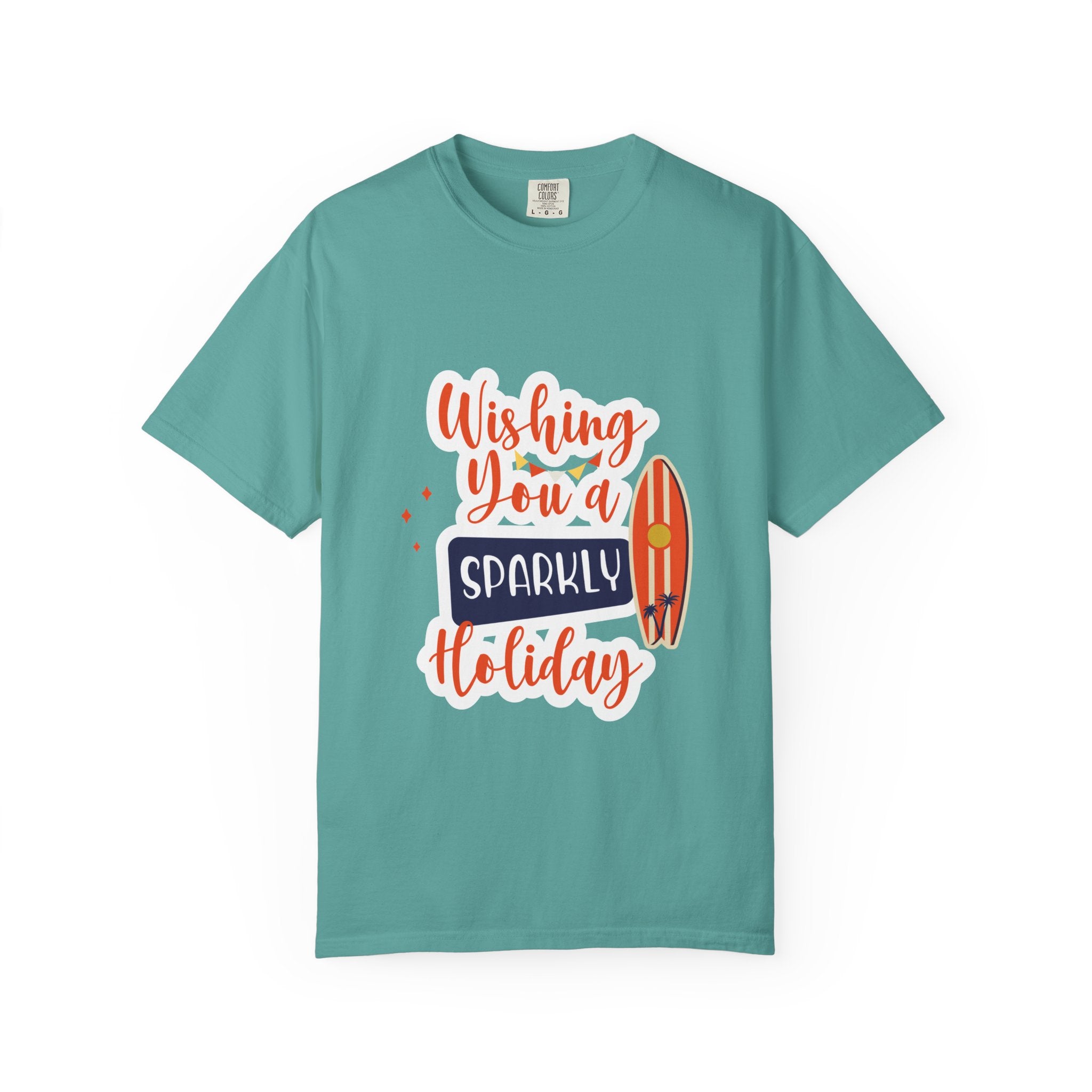 Holiday Surfboard T‑Shirt — "Wishing You a Sparkly Holiday" Beachy Christmas Tee