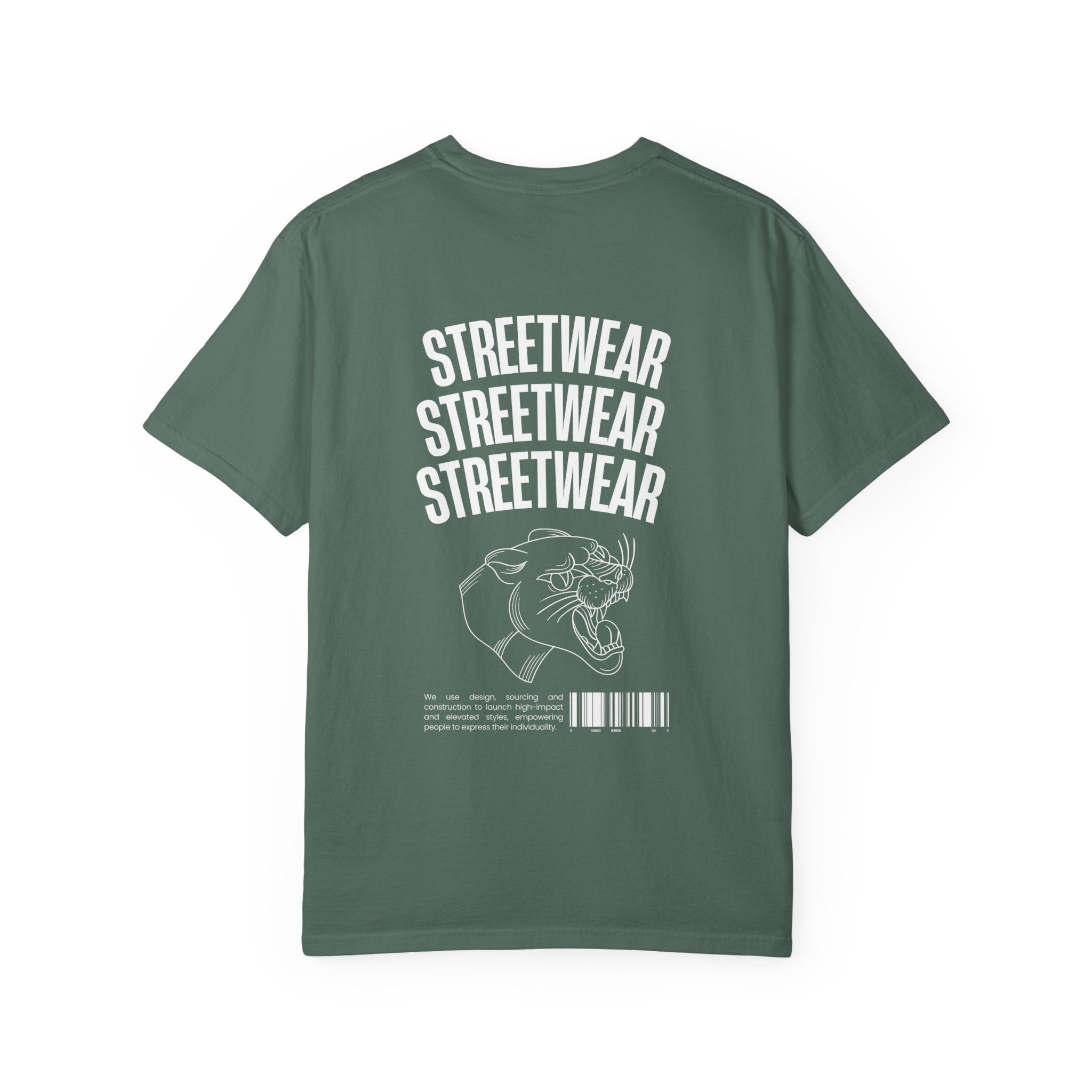 Streetwear Panther T‑Shirt — Graphic Garment-Dyed Tee with 'STREETWEAR' Text & Barcode