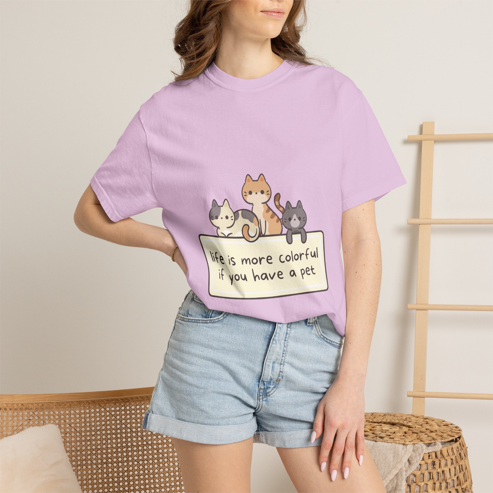 Pet Lover T-Shirt — "Life is More Colorful if You Have a Pet" Cute Cat Illustration