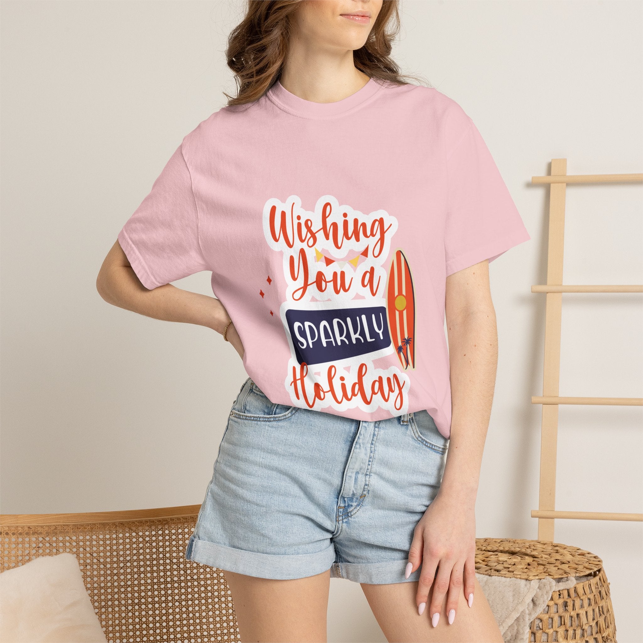 Holiday Surfboard T‑Shirt — "Wishing You a Sparkly Holiday" Beachy Christmas Tee
