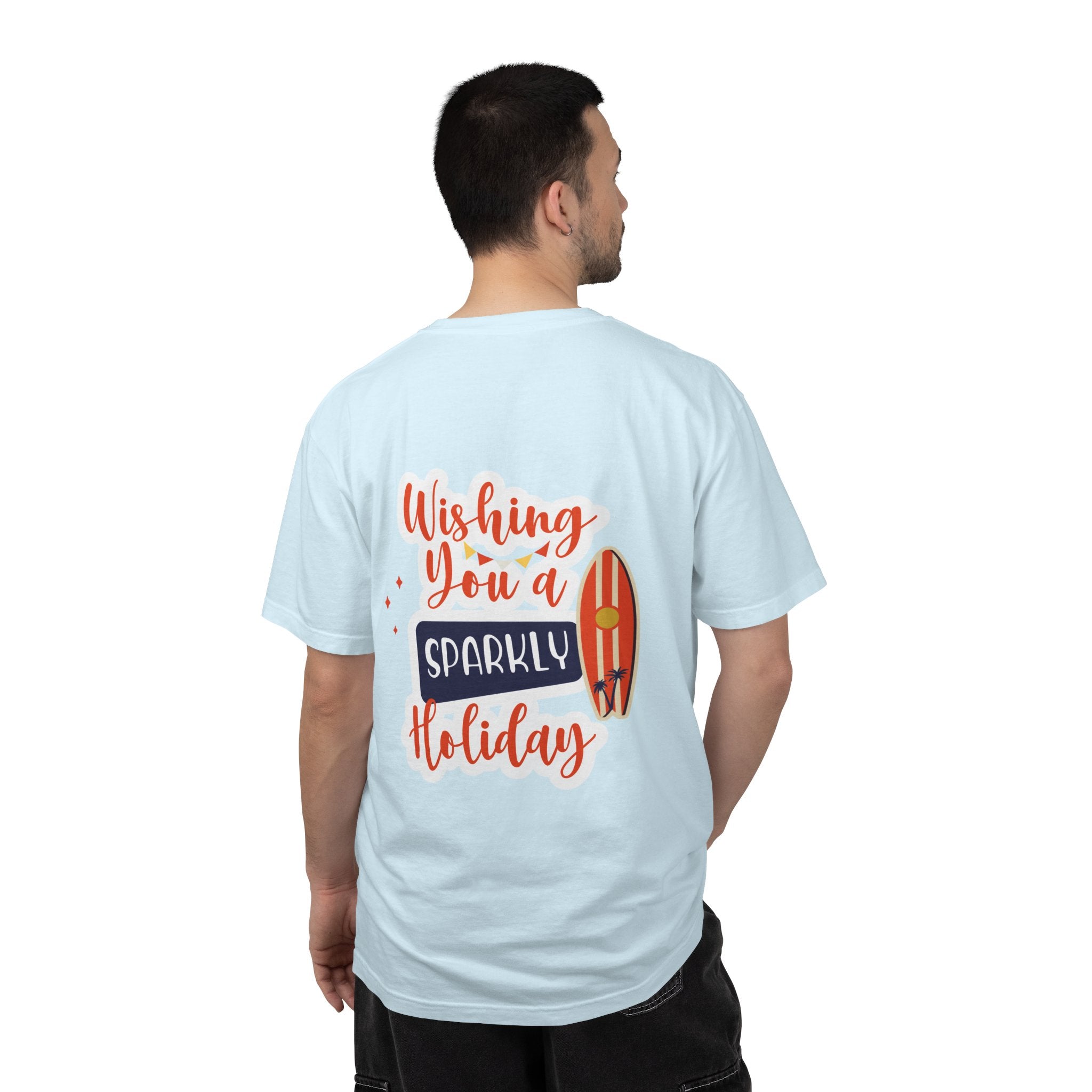 Holiday Surfboard T‑Shirt — "Wishing You a Sparkly Holiday" Beachy Christmas Tee