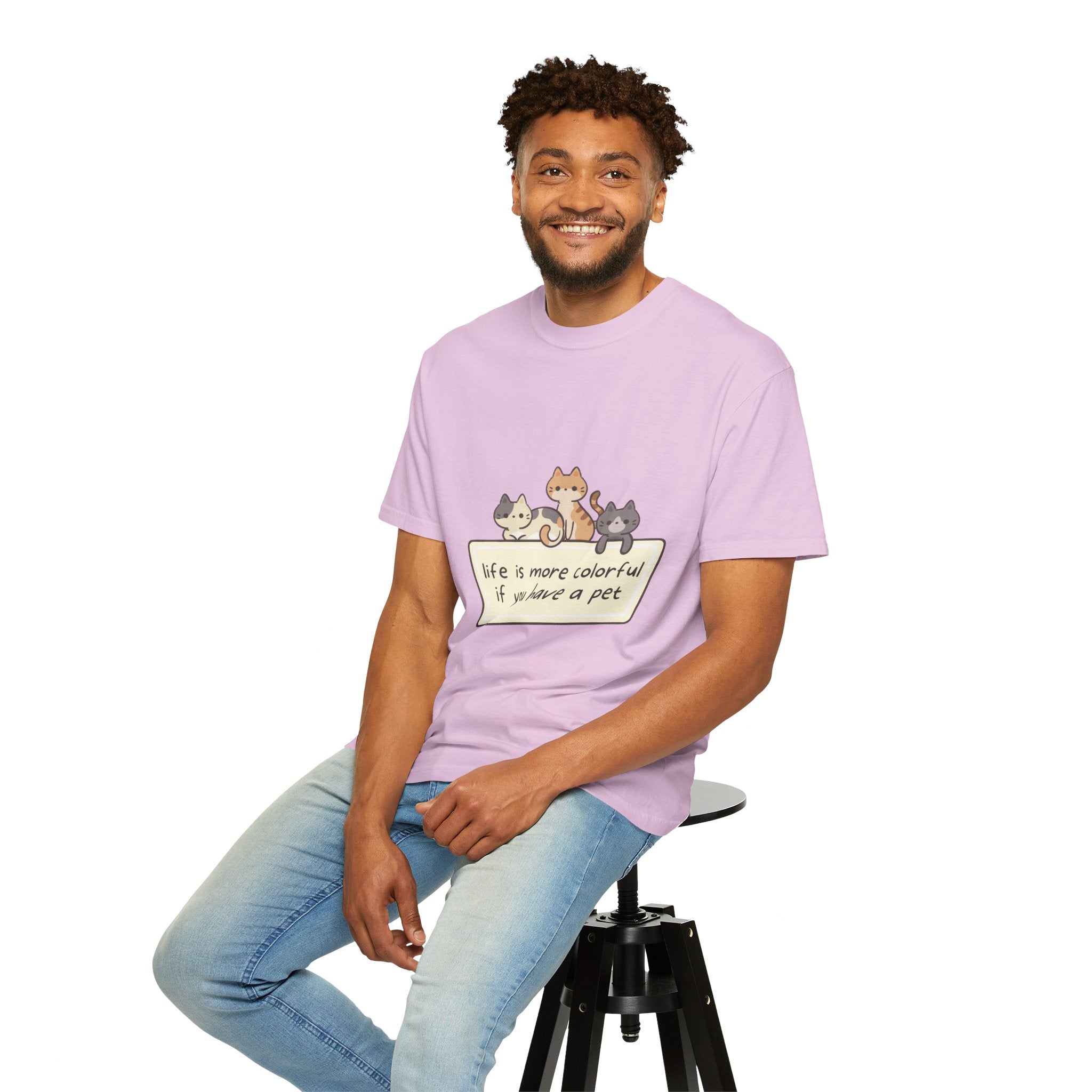 Pet Lover T-Shirt — "Life is More Colorful if You Have a Pet" Cute Cat Illustration