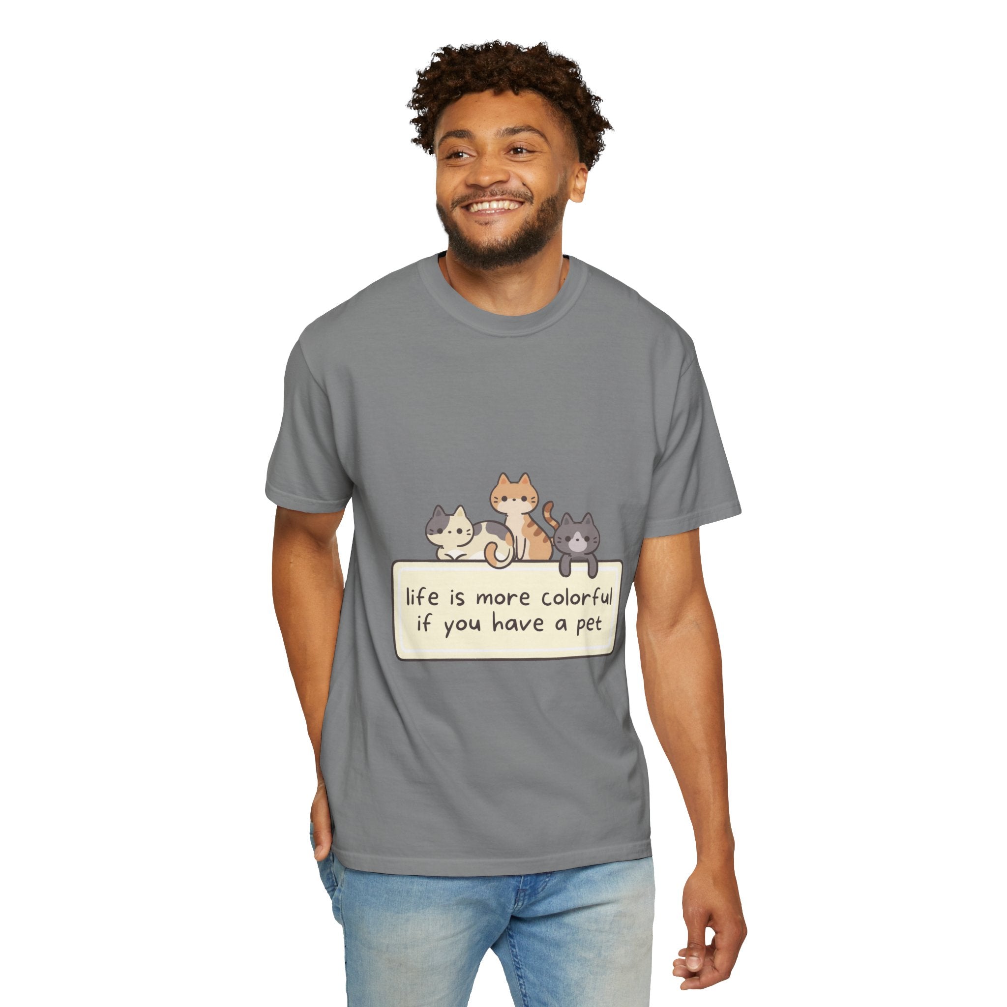 Pet Lover T-Shirt — "Life is More Colorful if You Have a Pet" Cute Cat Illustration