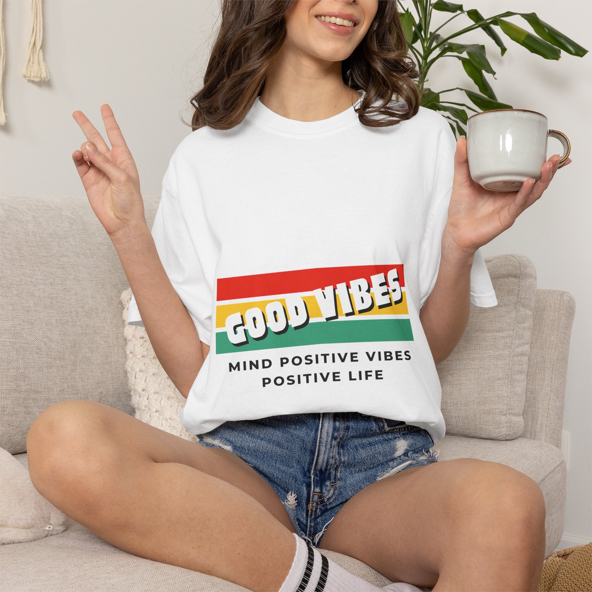 Good Vibes T-Shirt — Retro Stripes “Mind Positive Vibes, Positive Life”