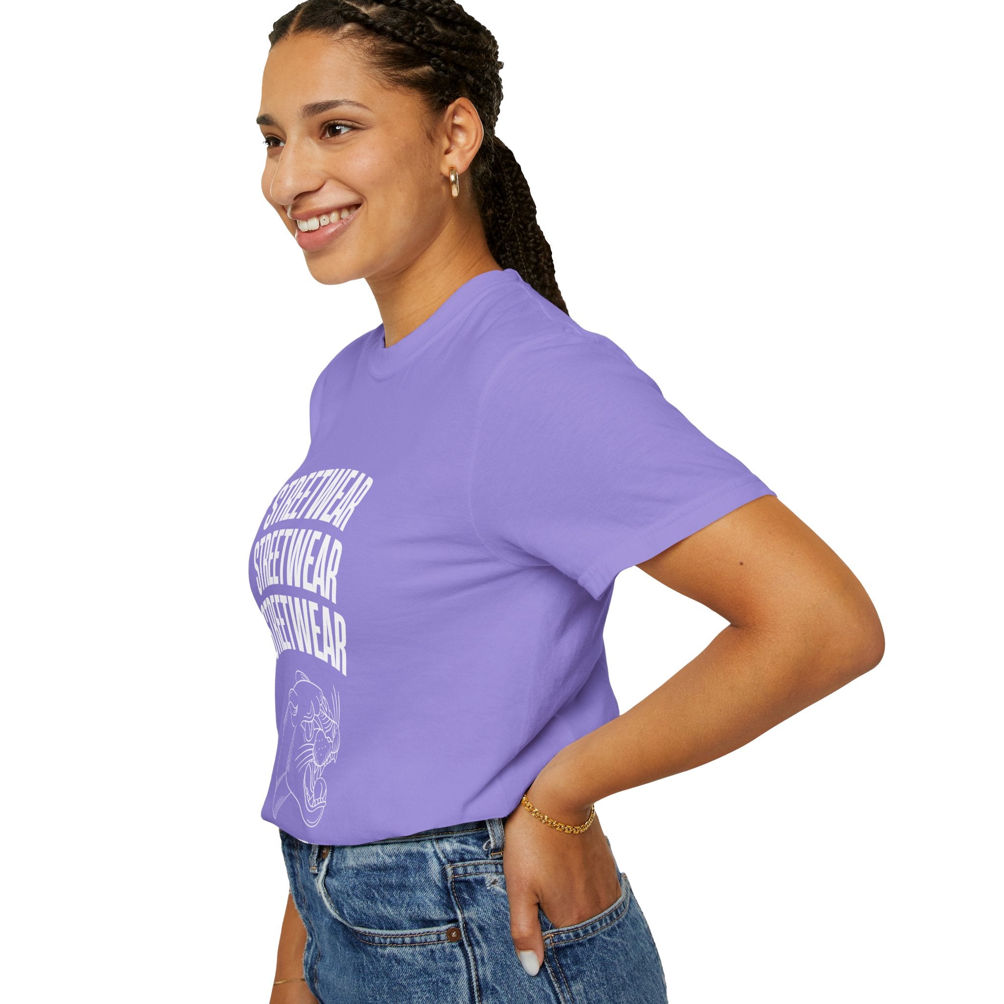 Streetwear Panther T‑Shirt — Graphic Garment-Dyed Tee with 'STREETWEAR' Text & Barcode