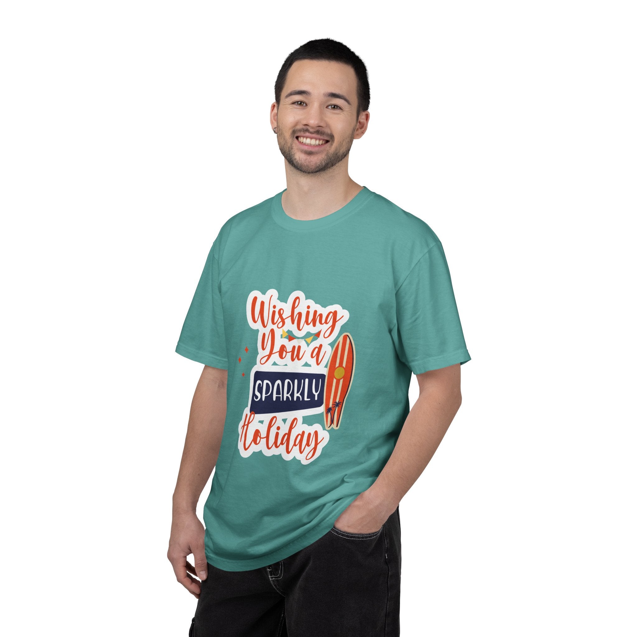 Holiday Surfboard T‑Shirt — "Wishing You a Sparkly Holiday" Beachy Christmas Tee