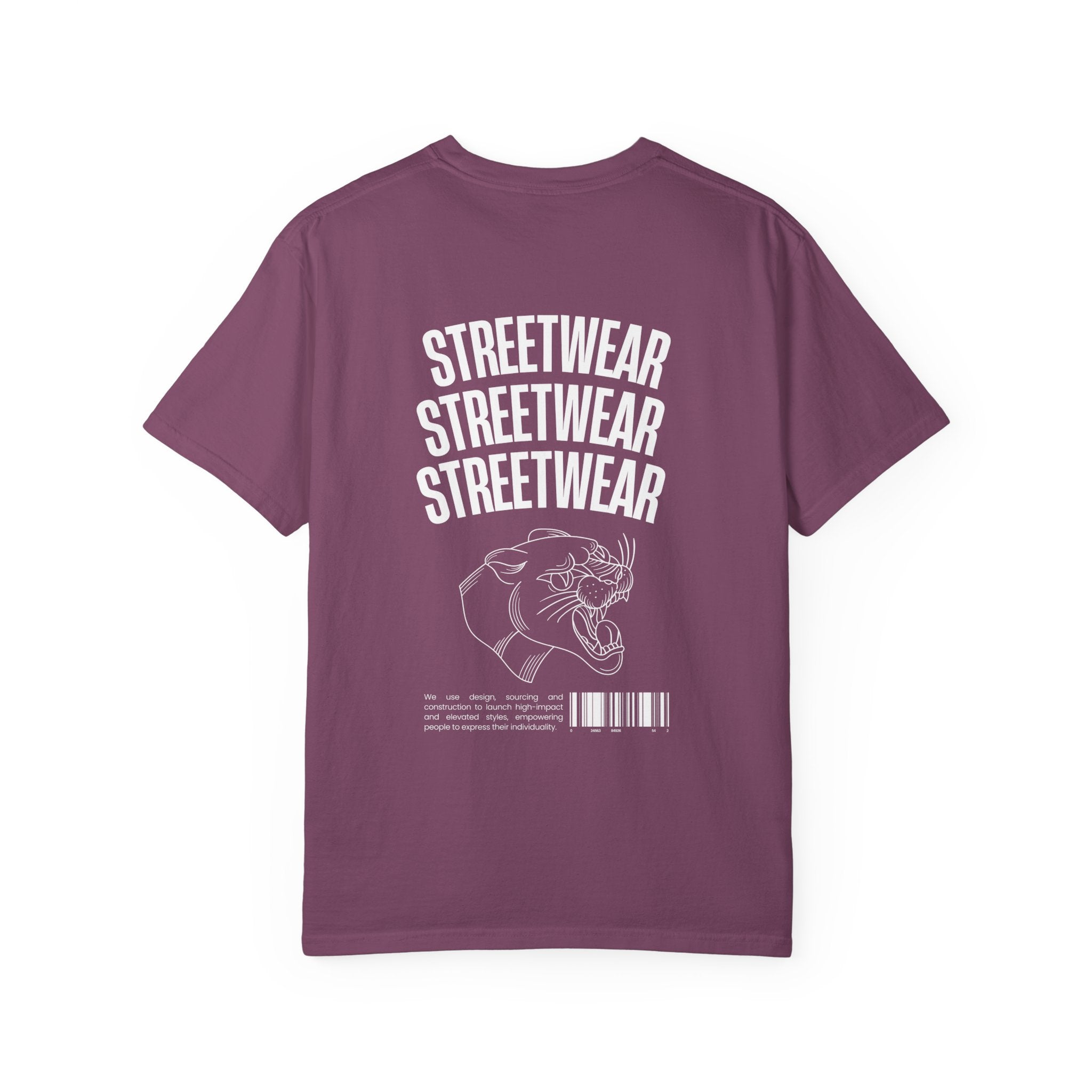 Streetwear Panther T‑Shirt — Graphic Garment-Dyed Tee with 'STREETWEAR' Text & Barcode