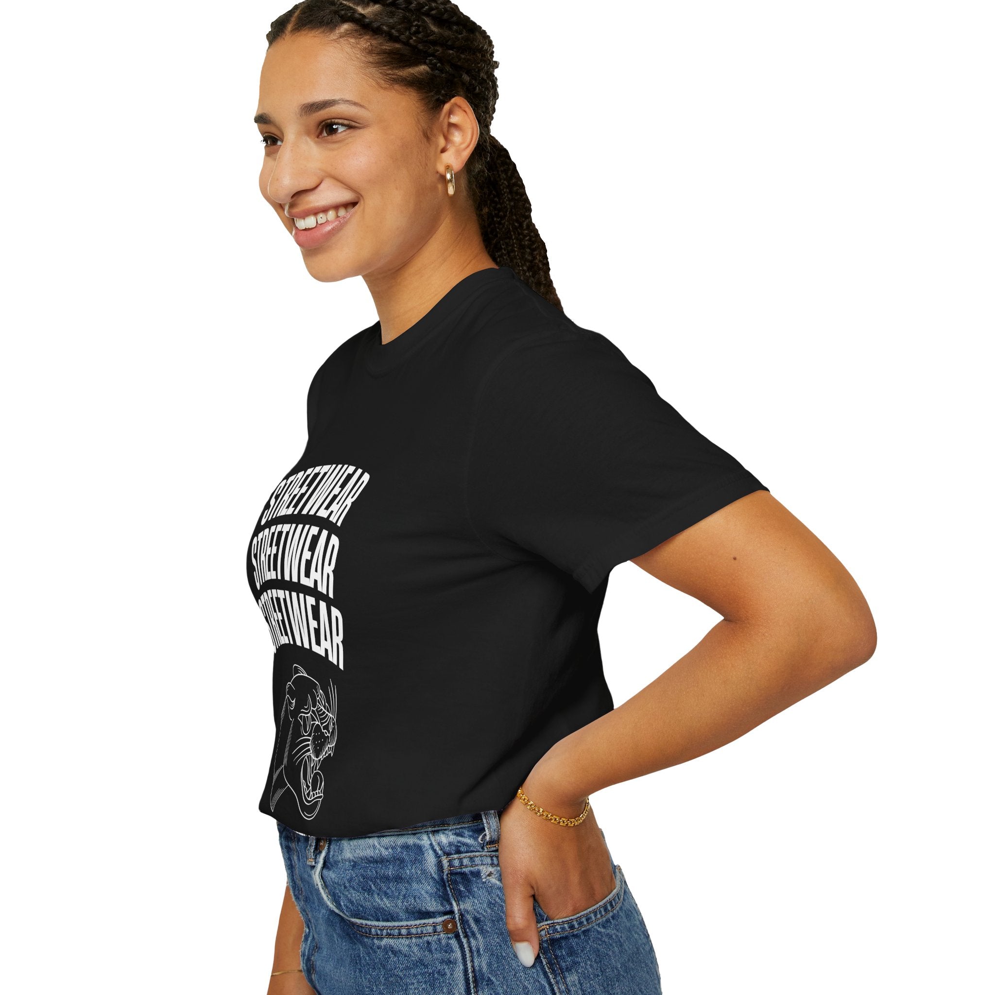 Streetwear Panther T‑Shirt — Graphic Garment-Dyed Tee with 'STREETWEAR' Text & Barcode