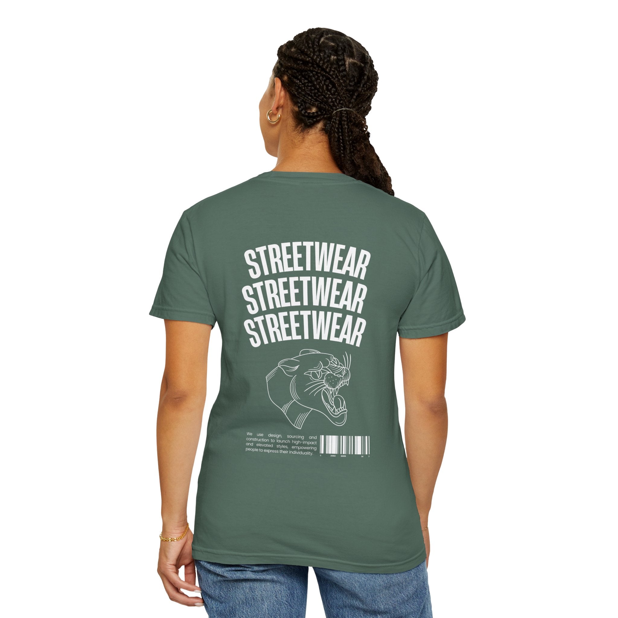 Streetwear Panther T‑Shirt — Graphic Garment-Dyed Tee with 'STREETWEAR' Text & Barcode