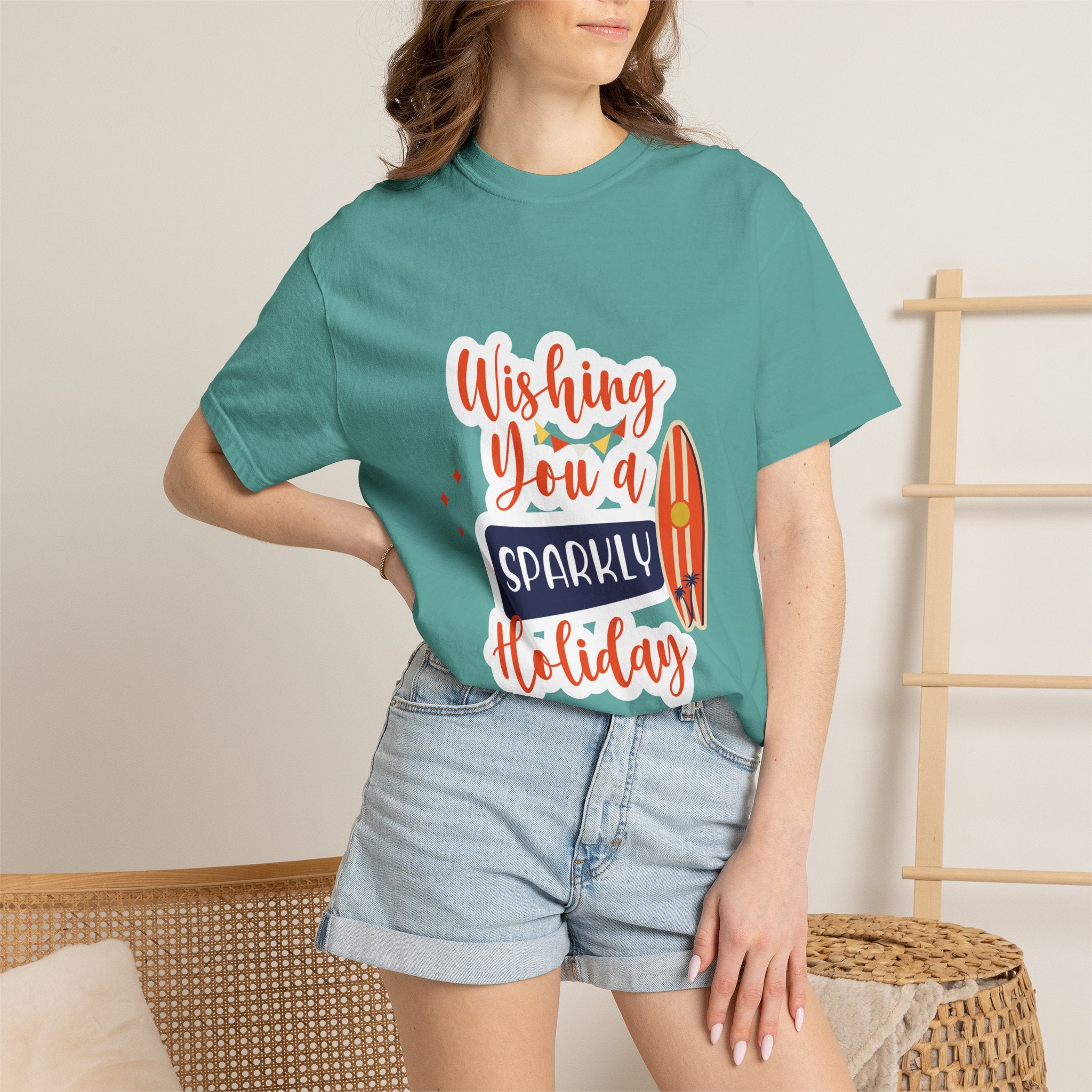 Holiday Surfboard T‑Shirt — "Wishing You a Sparkly Holiday" Beachy Christmas Tee