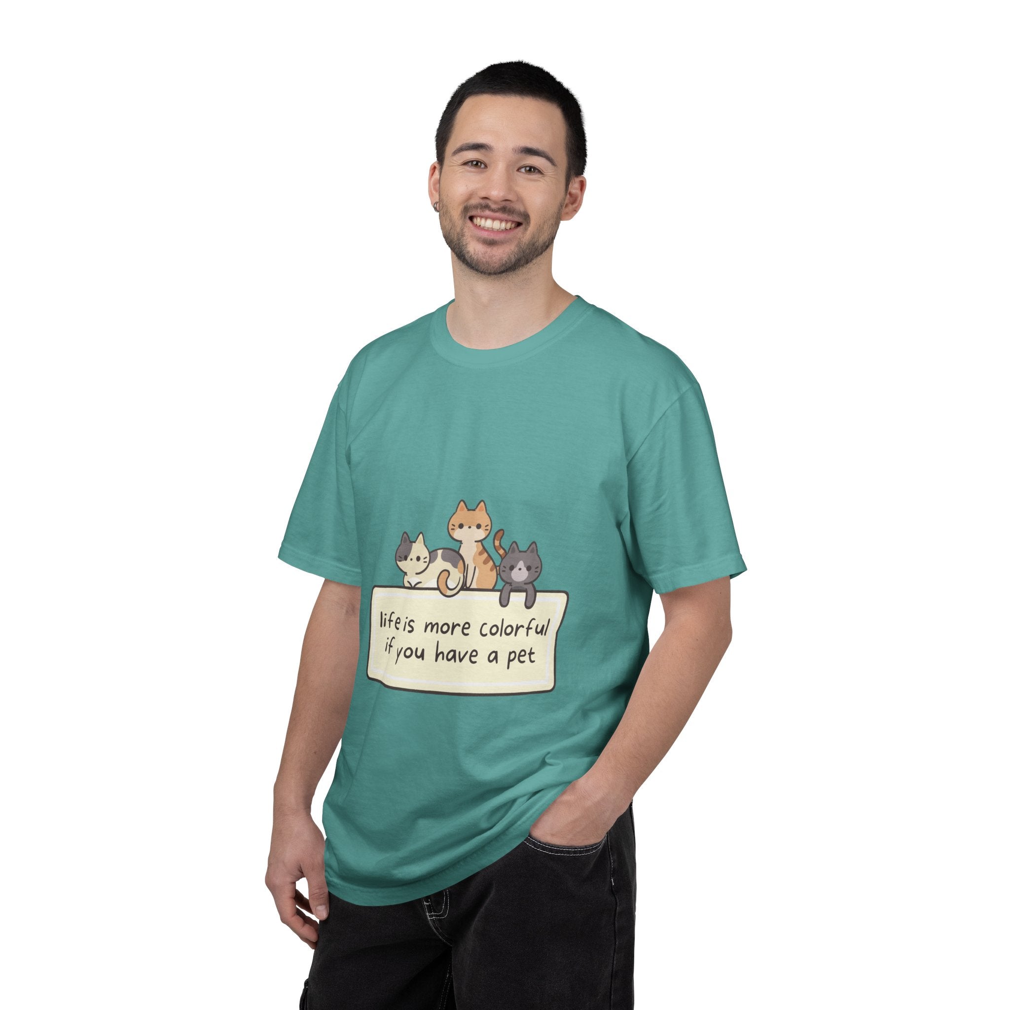 Pet Lover T-Shirt — "Life is More Colorful if You Have a Pet" Cute Cat Illustration