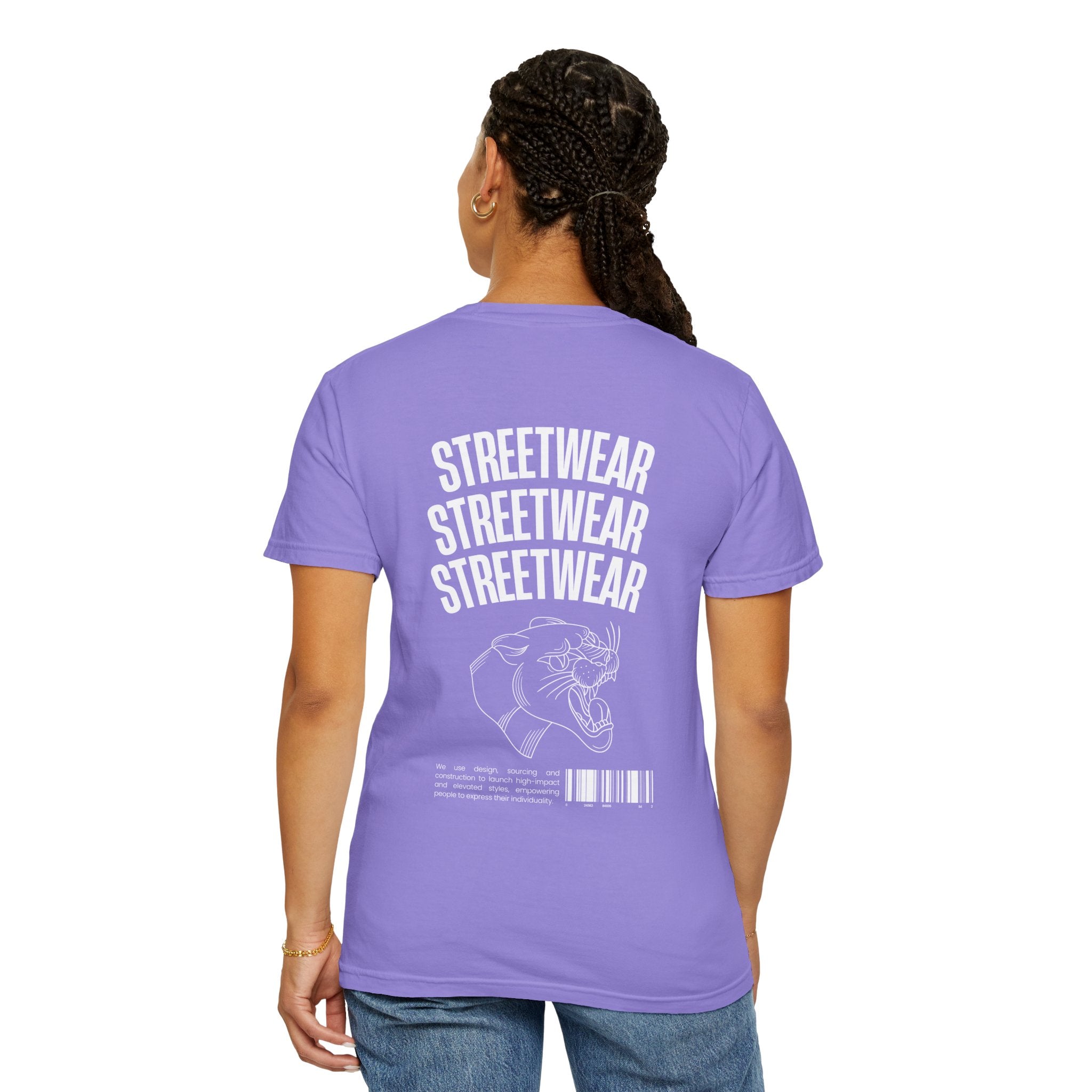 Streetwear Panther T‑Shirt — Graphic Garment-Dyed Tee with 'STREETWEAR' Text & Barcode