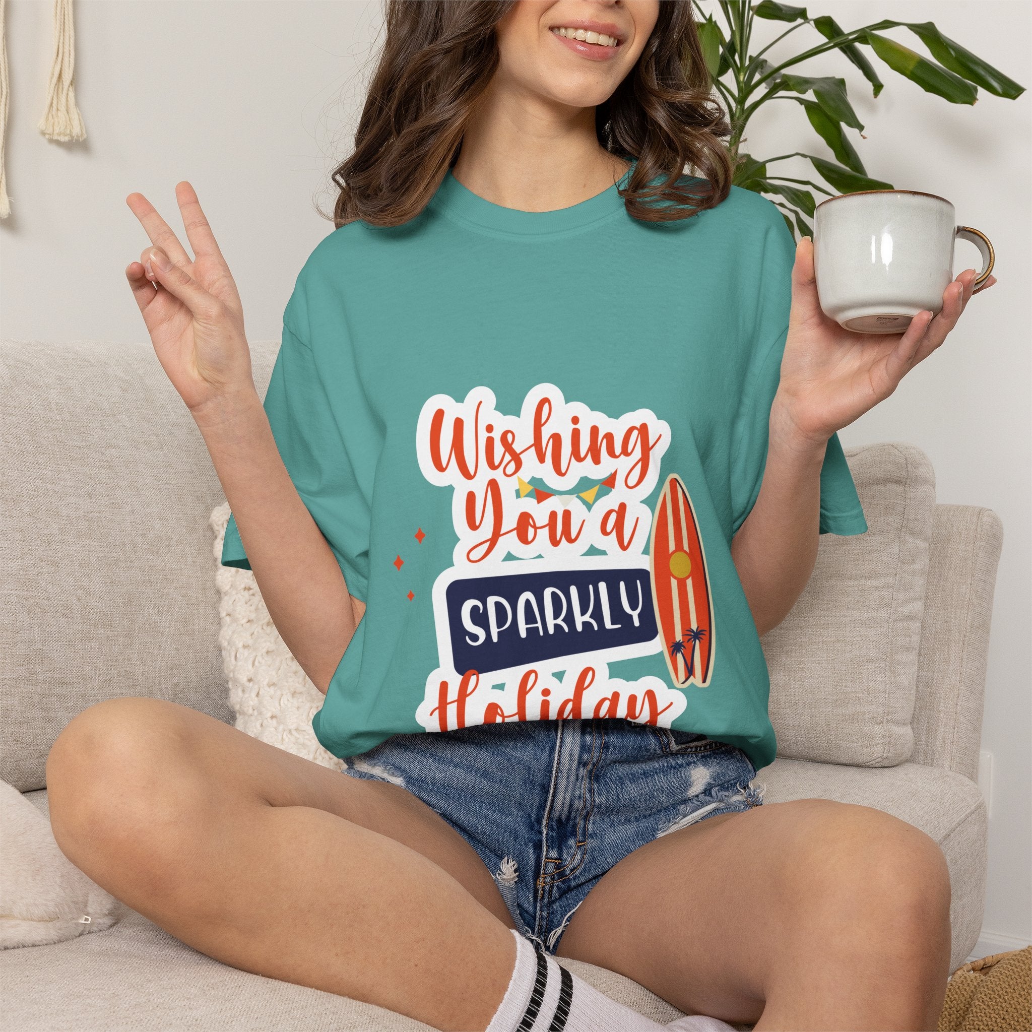 Holiday Surfboard T‑Shirt — "Wishing You a Sparkly Holiday" Beachy Christmas Tee