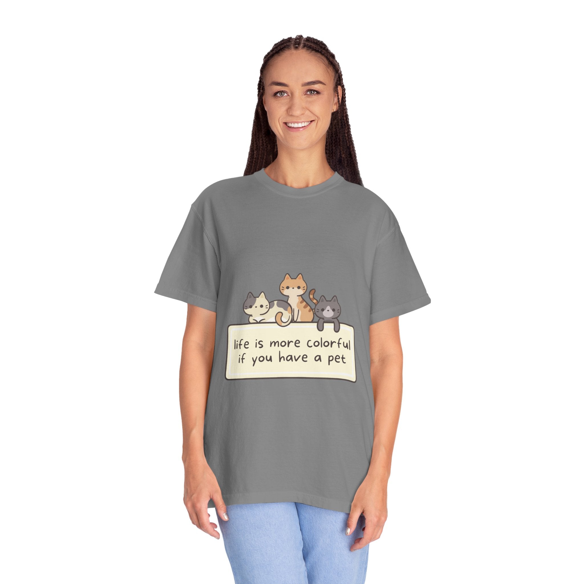 Pet Lover T-Shirt — "Life is More Colorful if You Have a Pet" Cute Cat Illustration