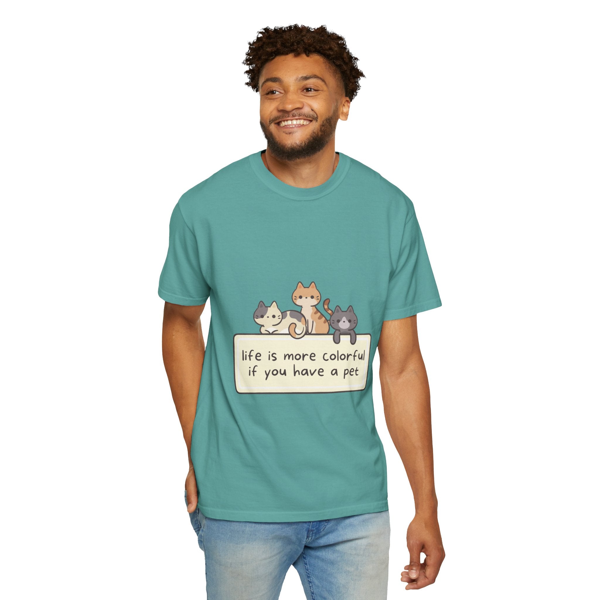 Pet Lover T-Shirt — "Life is More Colorful if You Have a Pet" Cute Cat Illustration