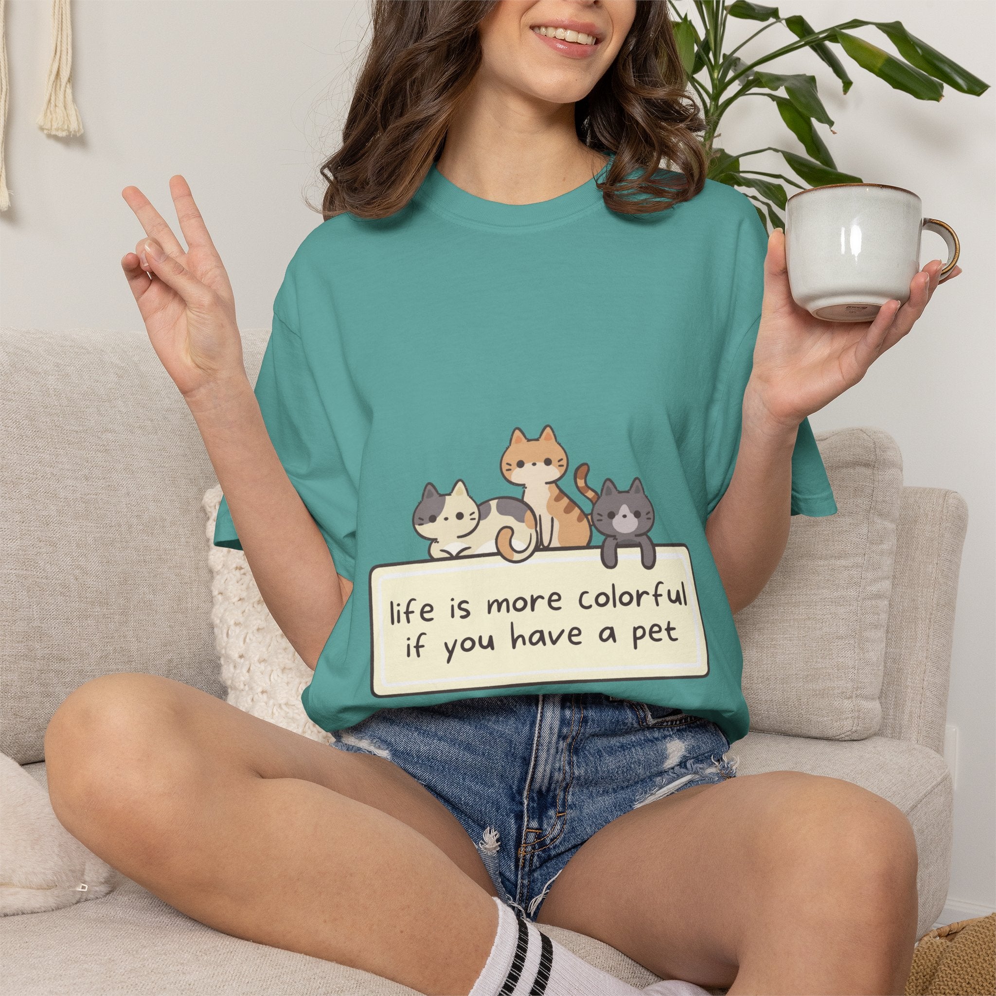 Pet Lover T-Shirt — "Life is More Colorful if You Have a Pet" Cute Cat Illustration