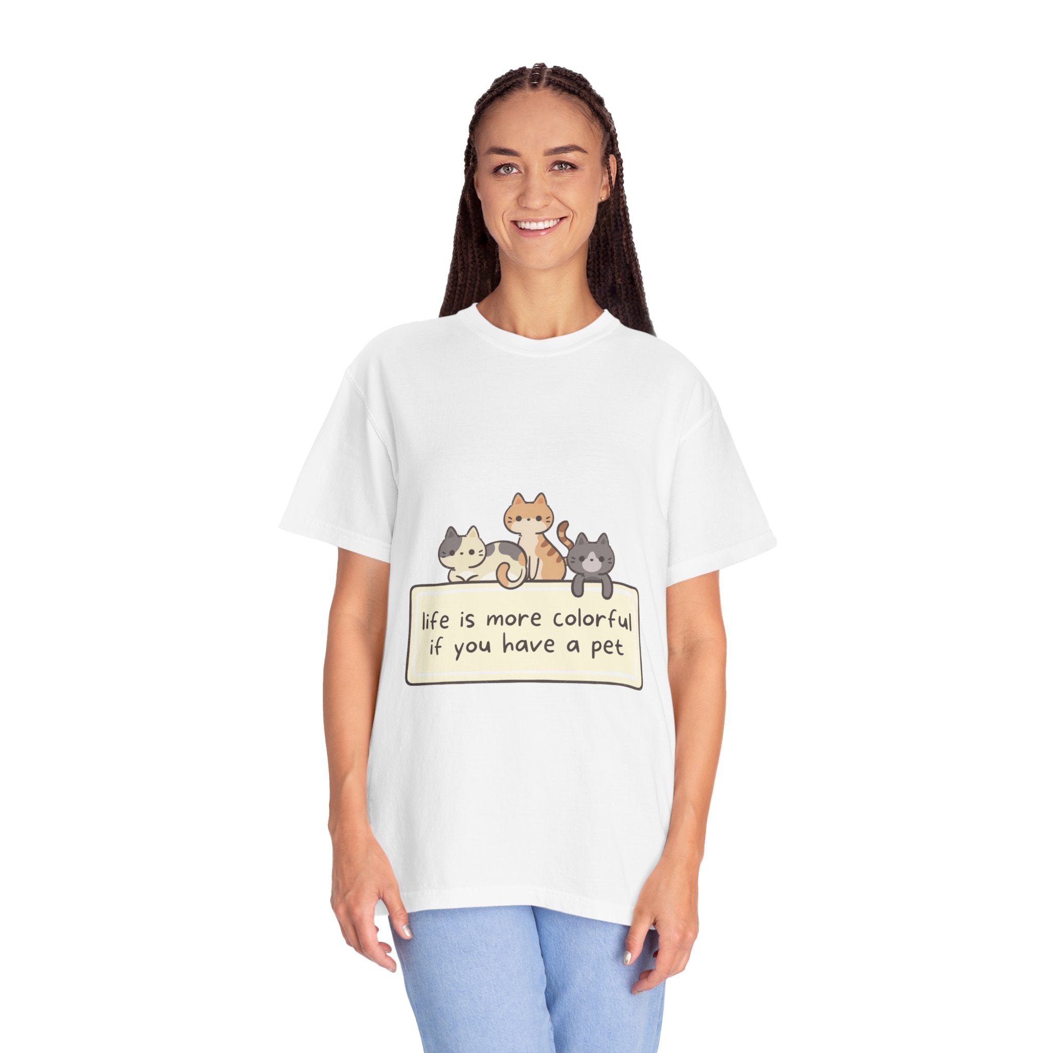 Pet Lover T-Shirt — "Life is More Colorful if You Have a Pet" Cute Cat Illustration