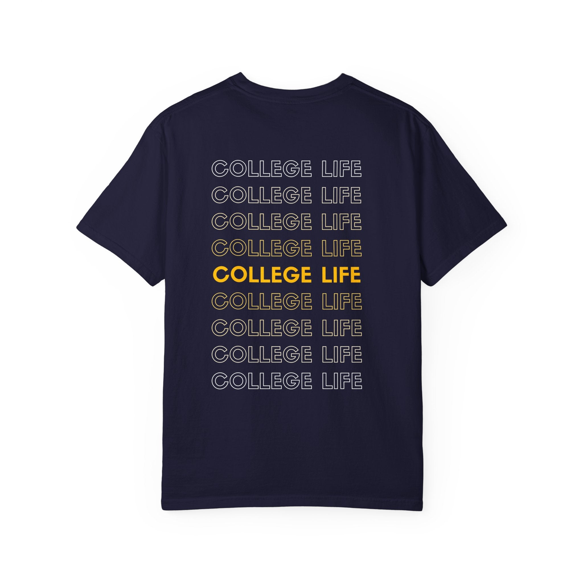 College Life Tee — Retro Repeated Text Graphic T-Shirt