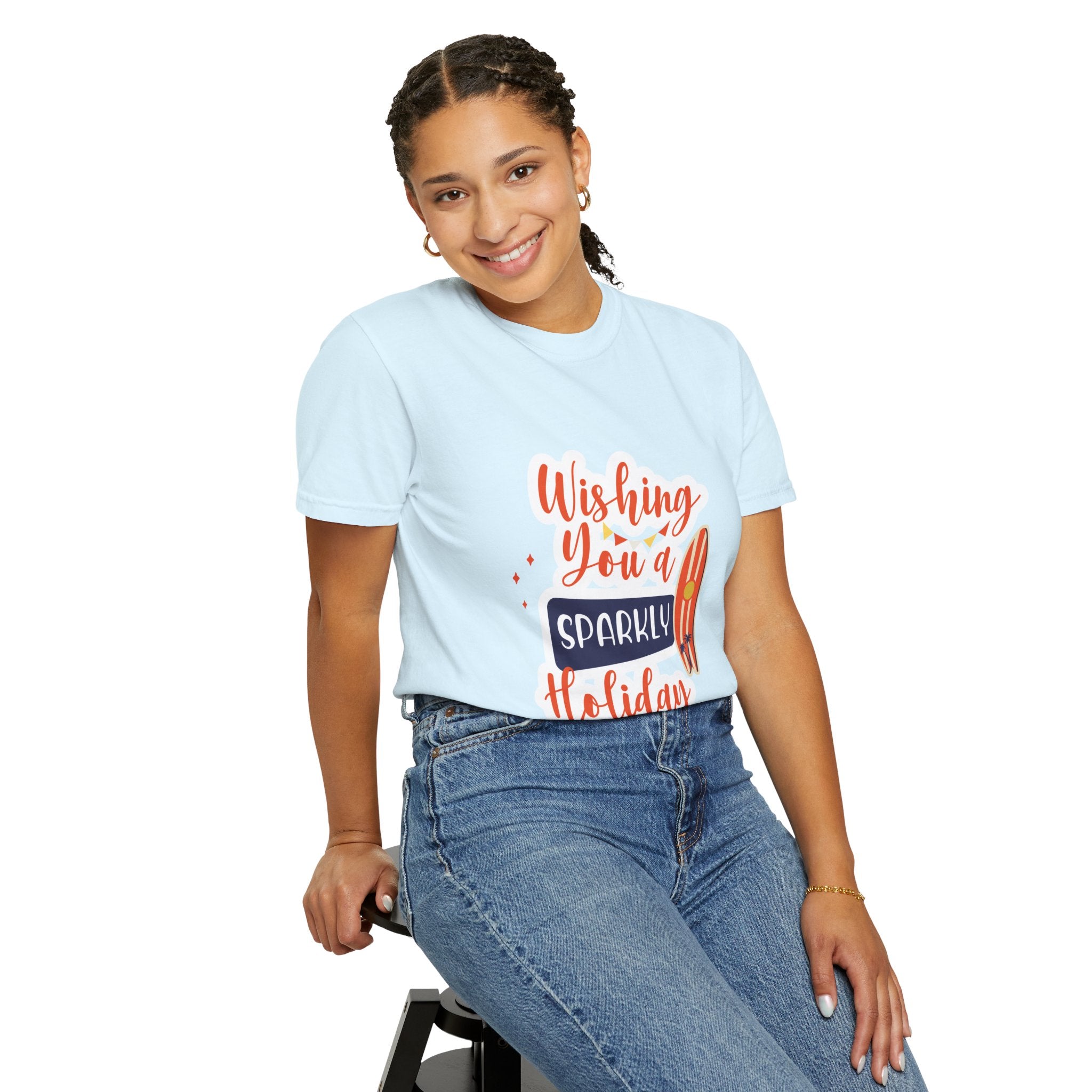 Holiday Surfboard T‑Shirt — "Wishing You a Sparkly Holiday" Beachy Christmas Tee