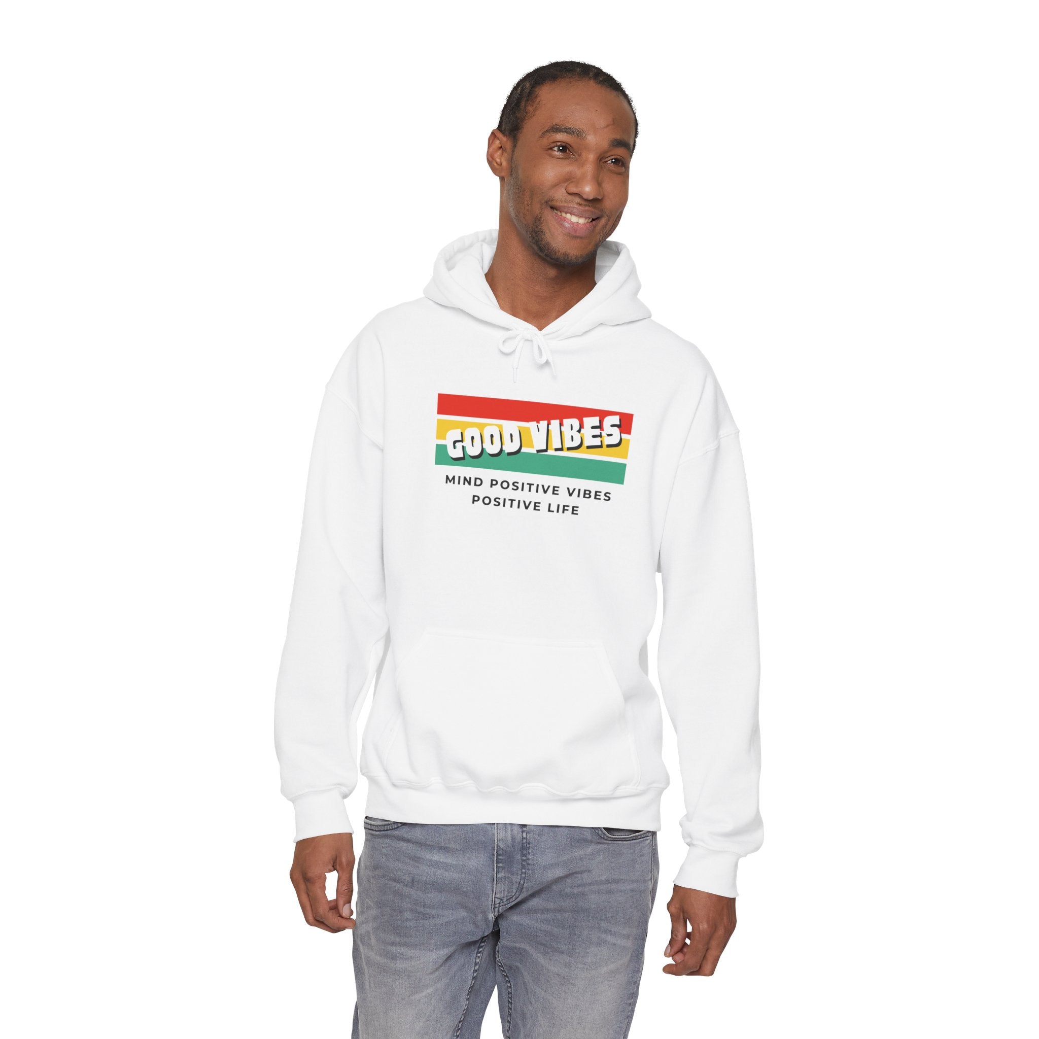 Good Vibes Hoodie — Retro Striped “MIND POSITIVE VIBES • POSITIVE LIFE” Graphic Hoodie