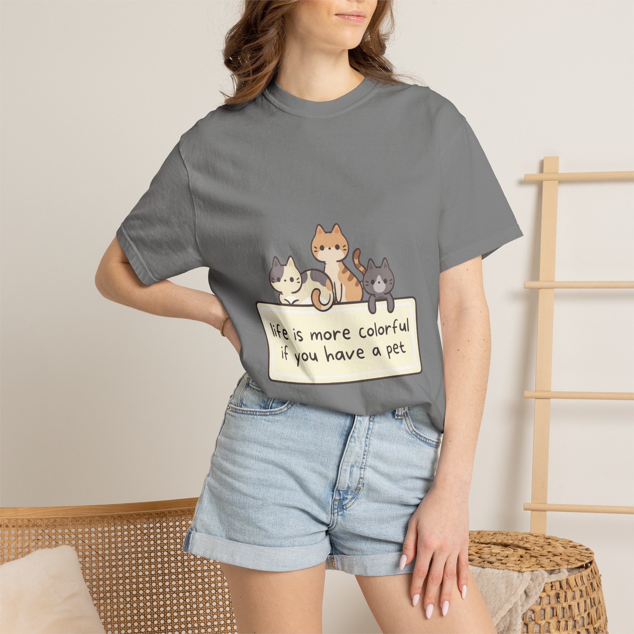 Pet Lover T-Shirt — "Life is More Colorful if You Have a Pet" Cute Cat Illustration
