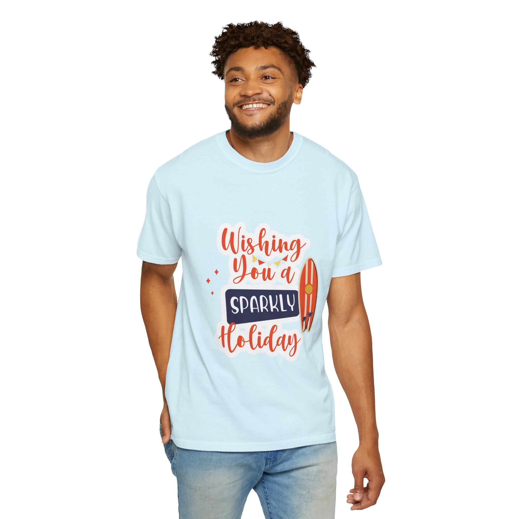 Holiday Surfboard T‑Shirt — "Wishing You a Sparkly Holiday" Beachy Christmas Tee