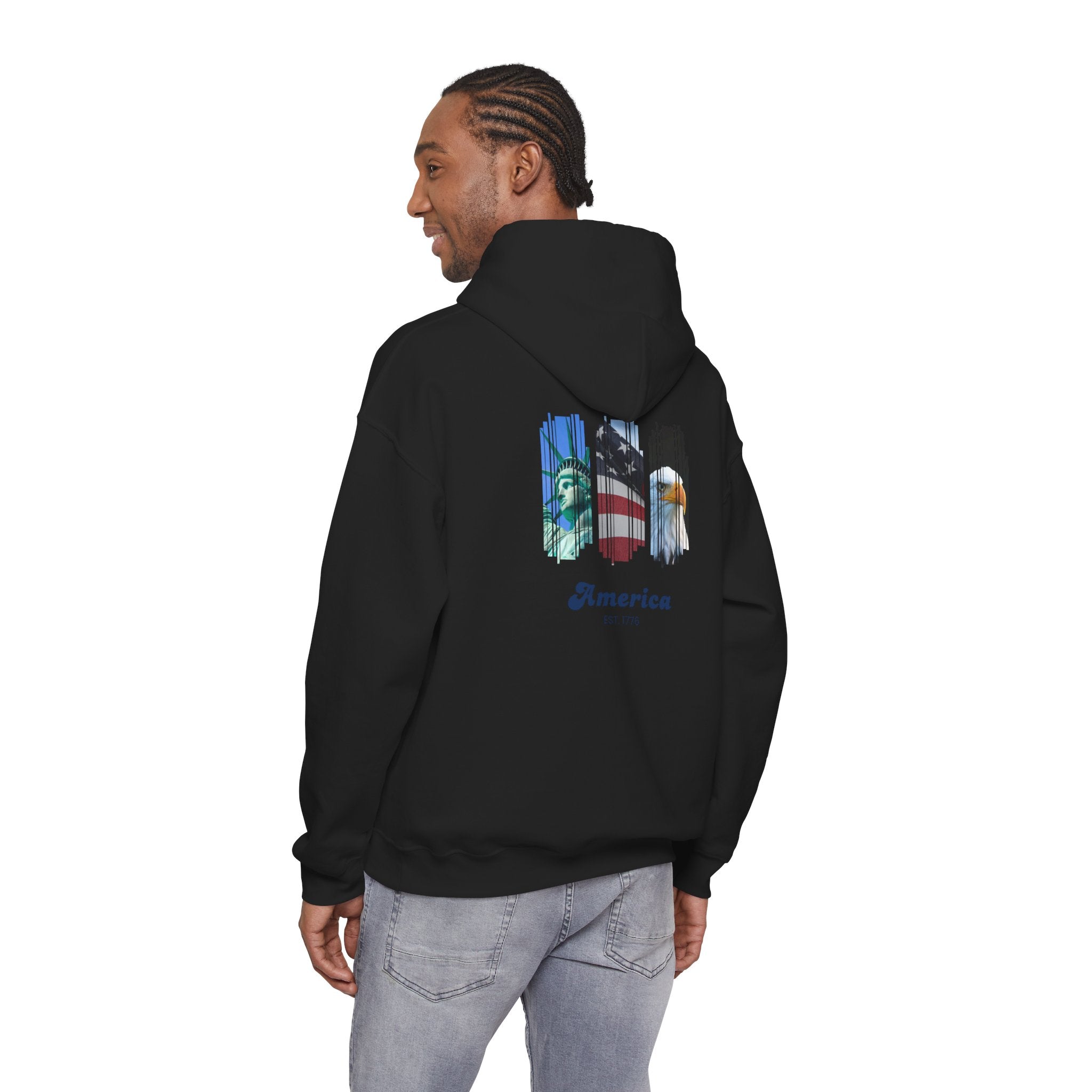 Patriotic America Hoodie – Eagle, Flag & Statue of Liberty Graphic Sweatshirt