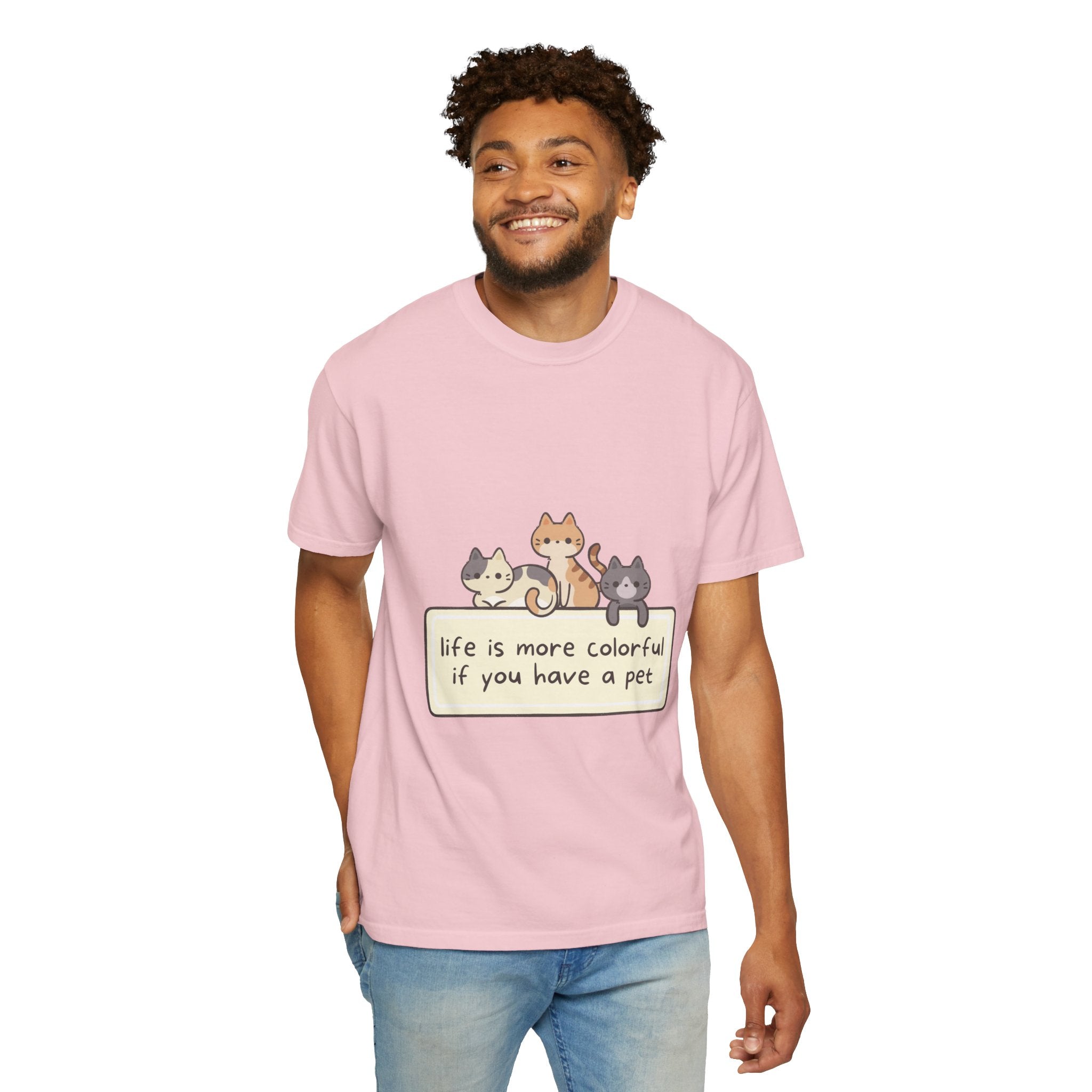 Pet Lover T-Shirt — "Life is More Colorful if You Have a Pet" Cute Cat Illustration
