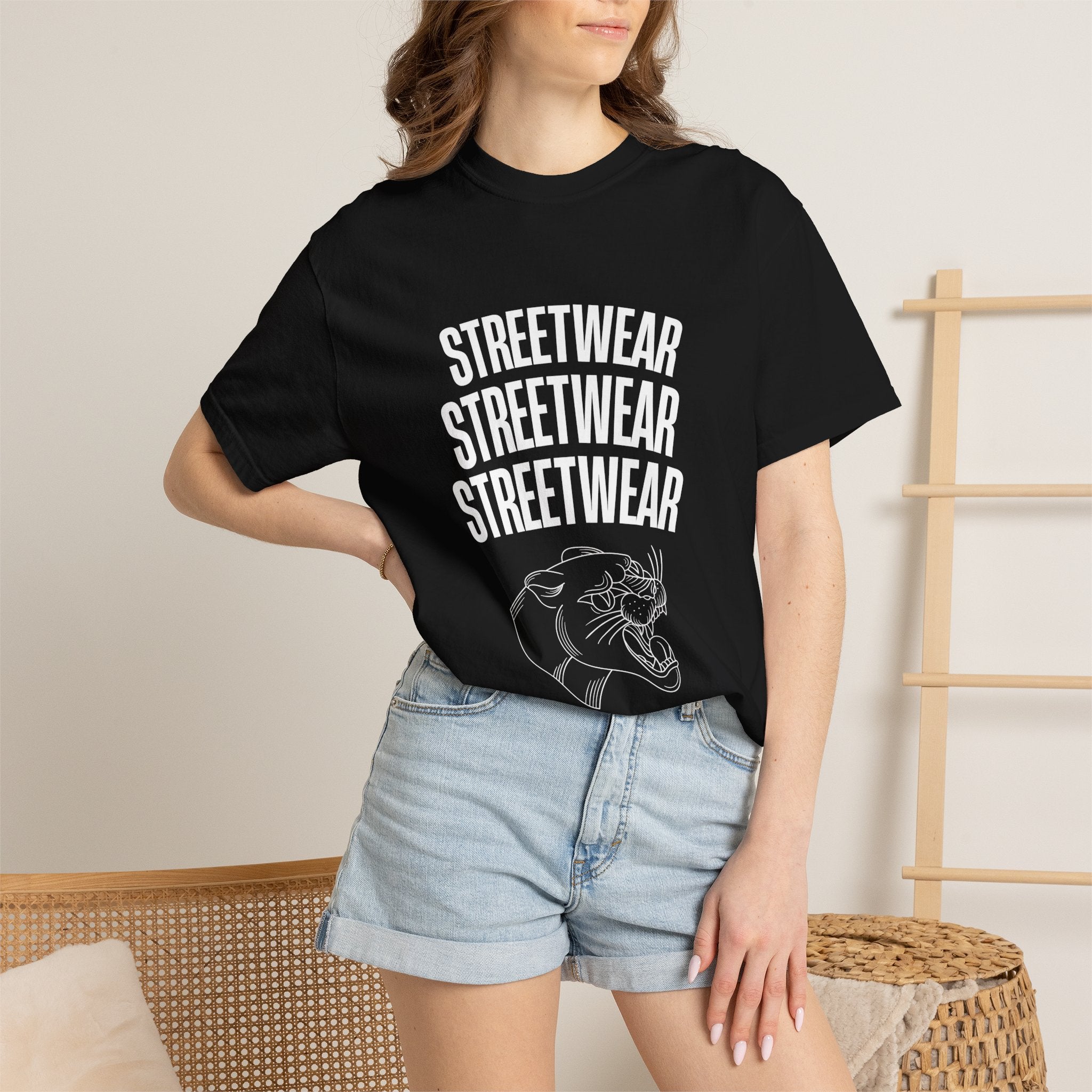 Streetwear Panther T‑Shirt — Graphic Garment-Dyed Tee with 'STREETWEAR' Text & Barcode
