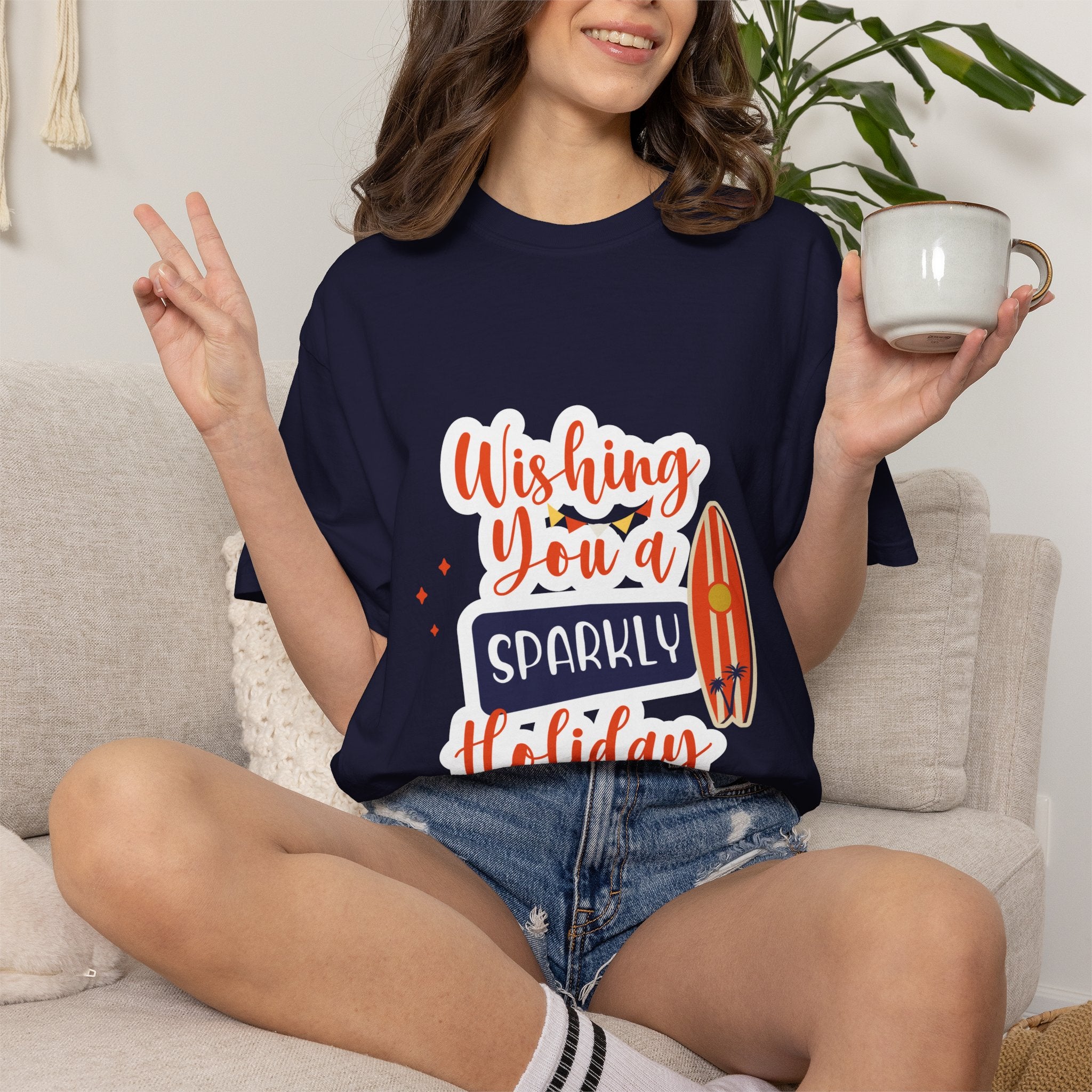 Holiday Surfboard T‑Shirt — "Wishing You a Sparkly Holiday" Beachy Christmas Tee