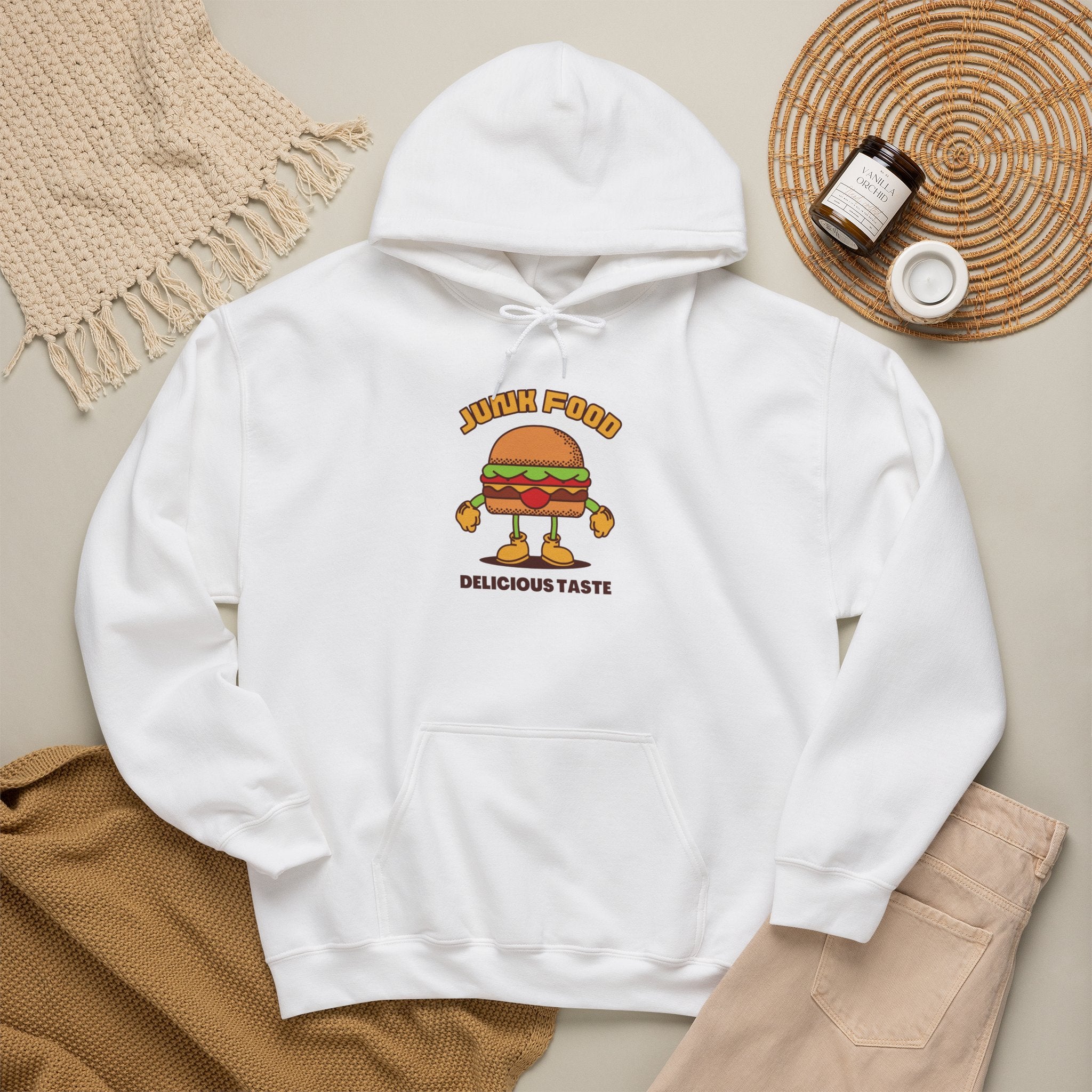 Burger Cartoon Hoodie - "Junk Food Delicious Taste" Funny Food Lover Pullover