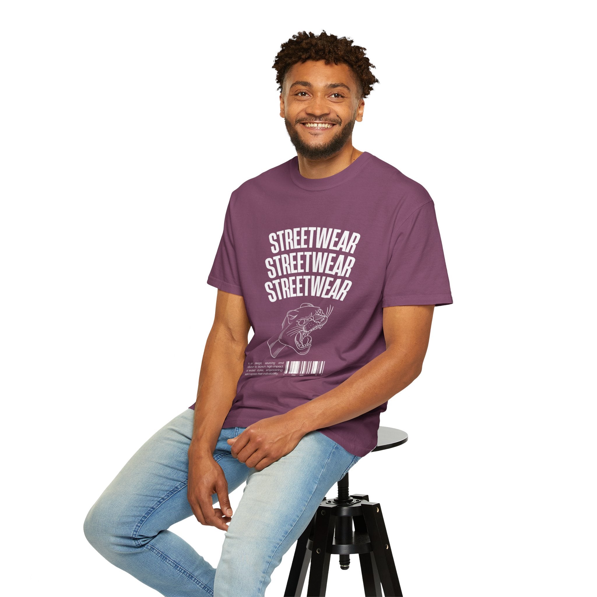 Streetwear Panther T‑Shirt — Graphic Garment-Dyed Tee with 'STREETWEAR' Text & Barcode