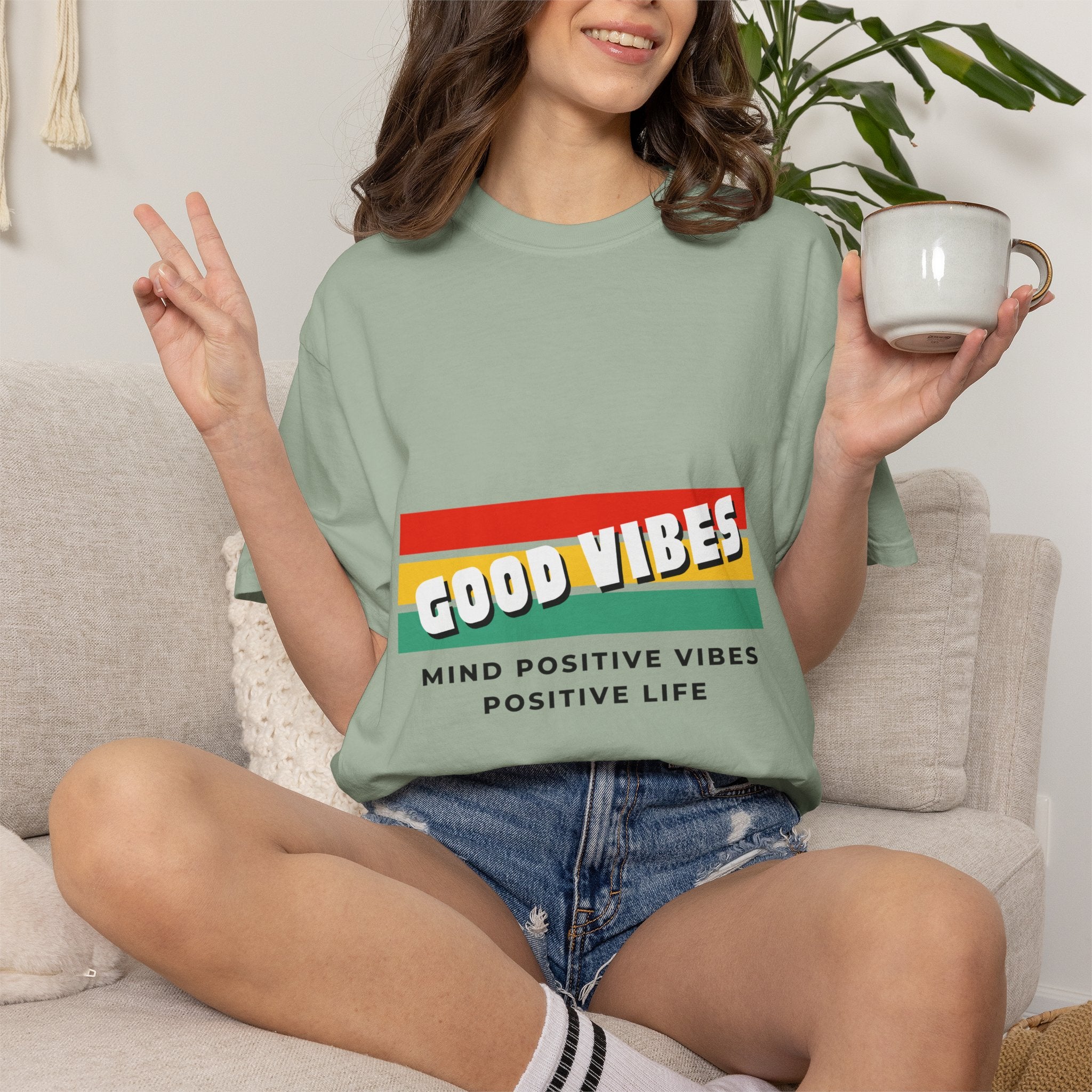 Good Vibes T-Shirt — Retro Stripes “Mind Positive Vibes, Positive Life”