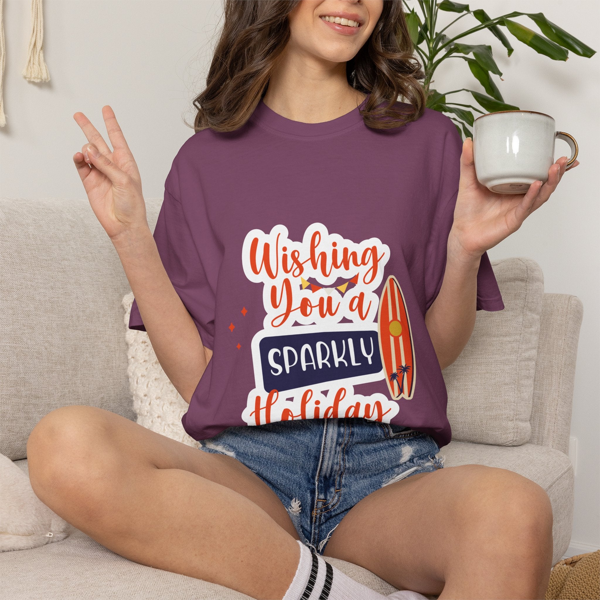 Holiday Surfboard T‑Shirt — "Wishing You a Sparkly Holiday" Beachy Christmas Tee