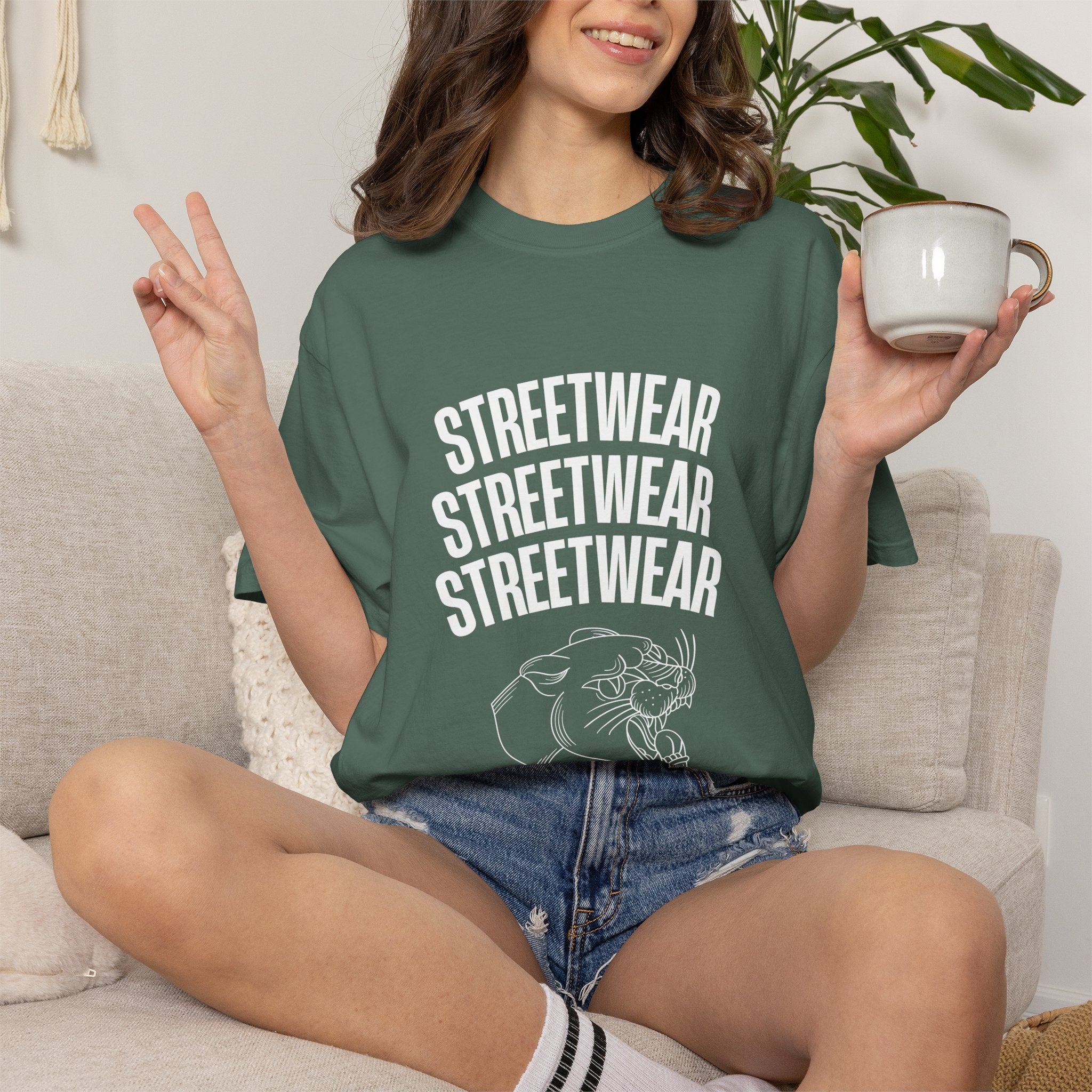 Streetwear Panther T‑Shirt — Graphic Garment-Dyed Tee with 'STREETWEAR' Text & Barcode