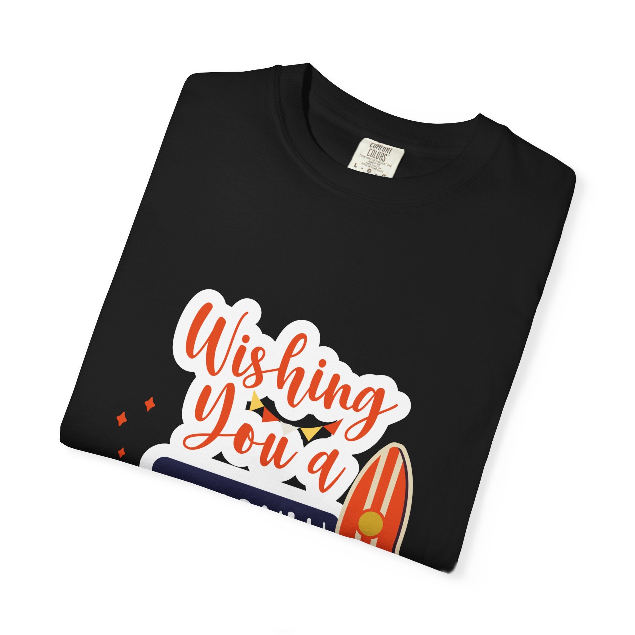 Holiday Surfboard T‑Shirt — "Wishing You a Sparkly Holiday" Beachy Christmas Tee