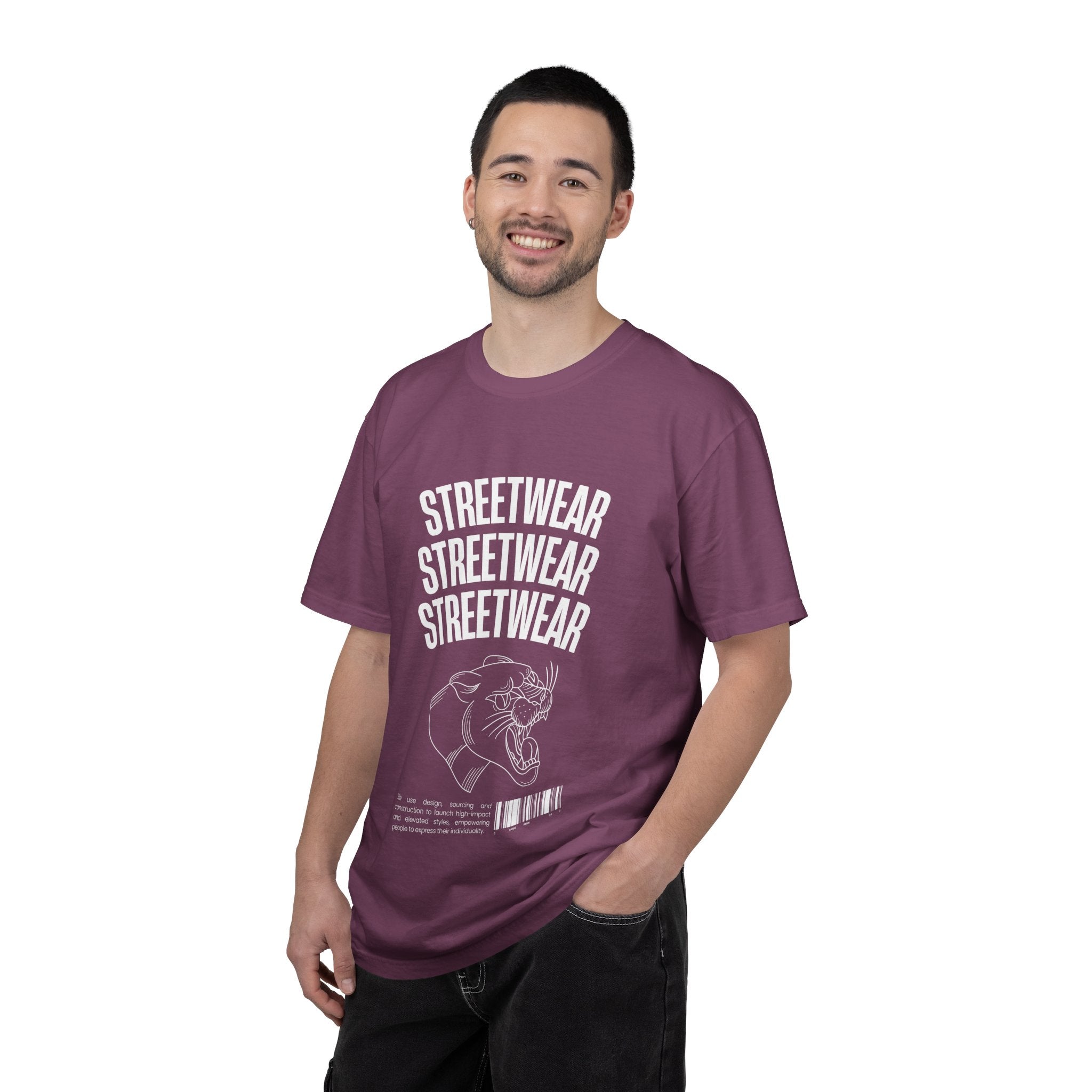 Streetwear Panther T‑Shirt — Graphic Garment-Dyed Tee with 'STREETWEAR' Text & Barcode